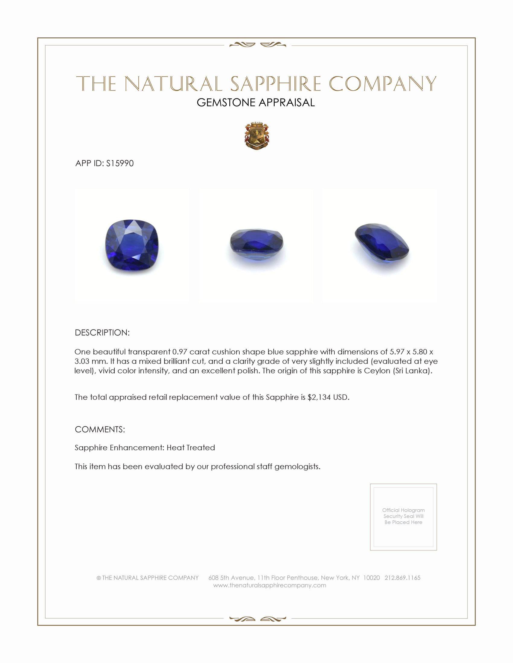 0.97 Ct. Blue Sapphire from Ceylon (Sri Lanka)