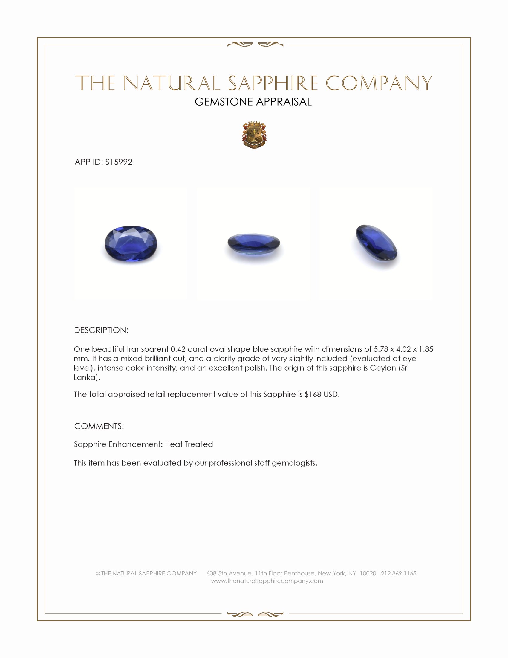 0.42 Ct. Blue Sapphire from Ceylon (Sri Lanka)