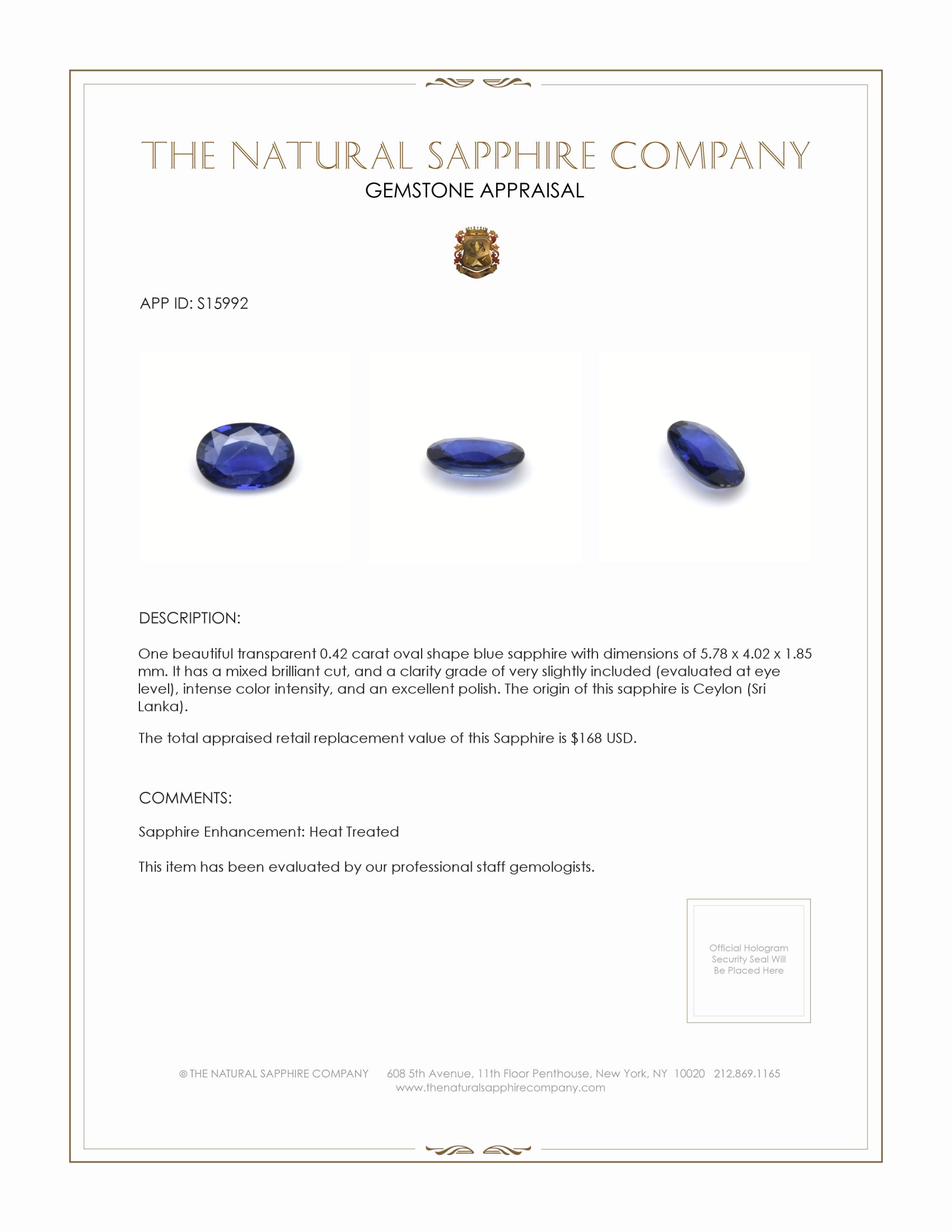 0.42 Ct. Blue Sapphire from Ceylon (Sri Lanka)