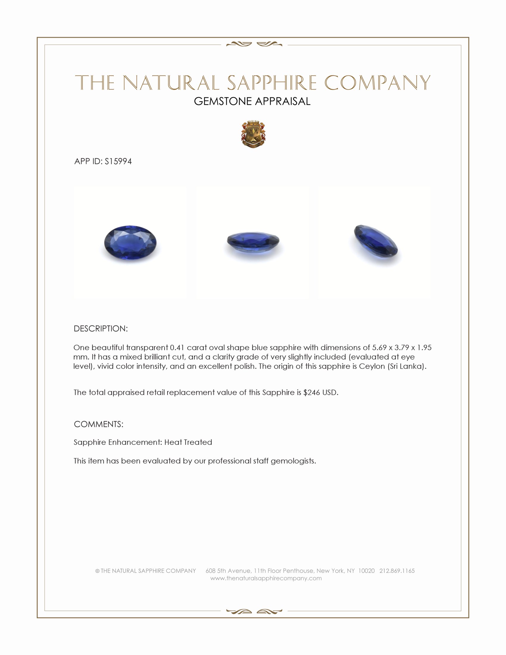 0.41 Ct. Blue Sapphire from Ceylon (Sri Lanka)