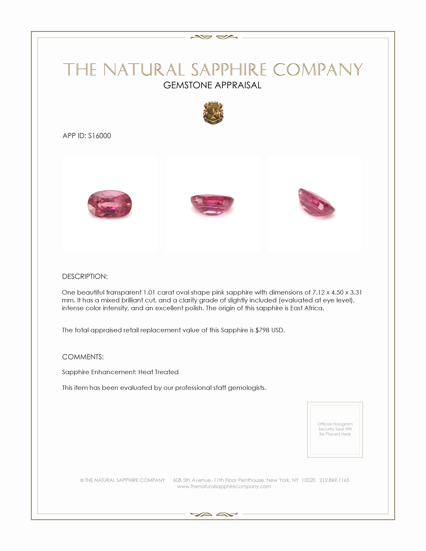 1.01 Ct. Reddish Pink Sapphire from East Africa