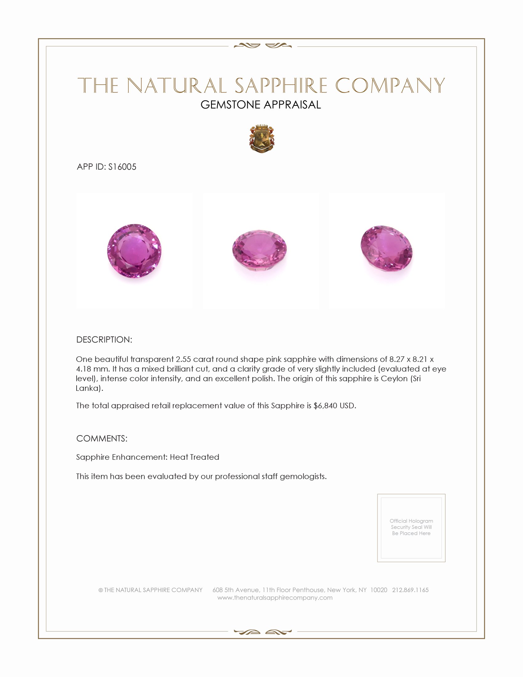 2.55 Ct. Pink Sapphire from Ceylon (Sri Lanka)