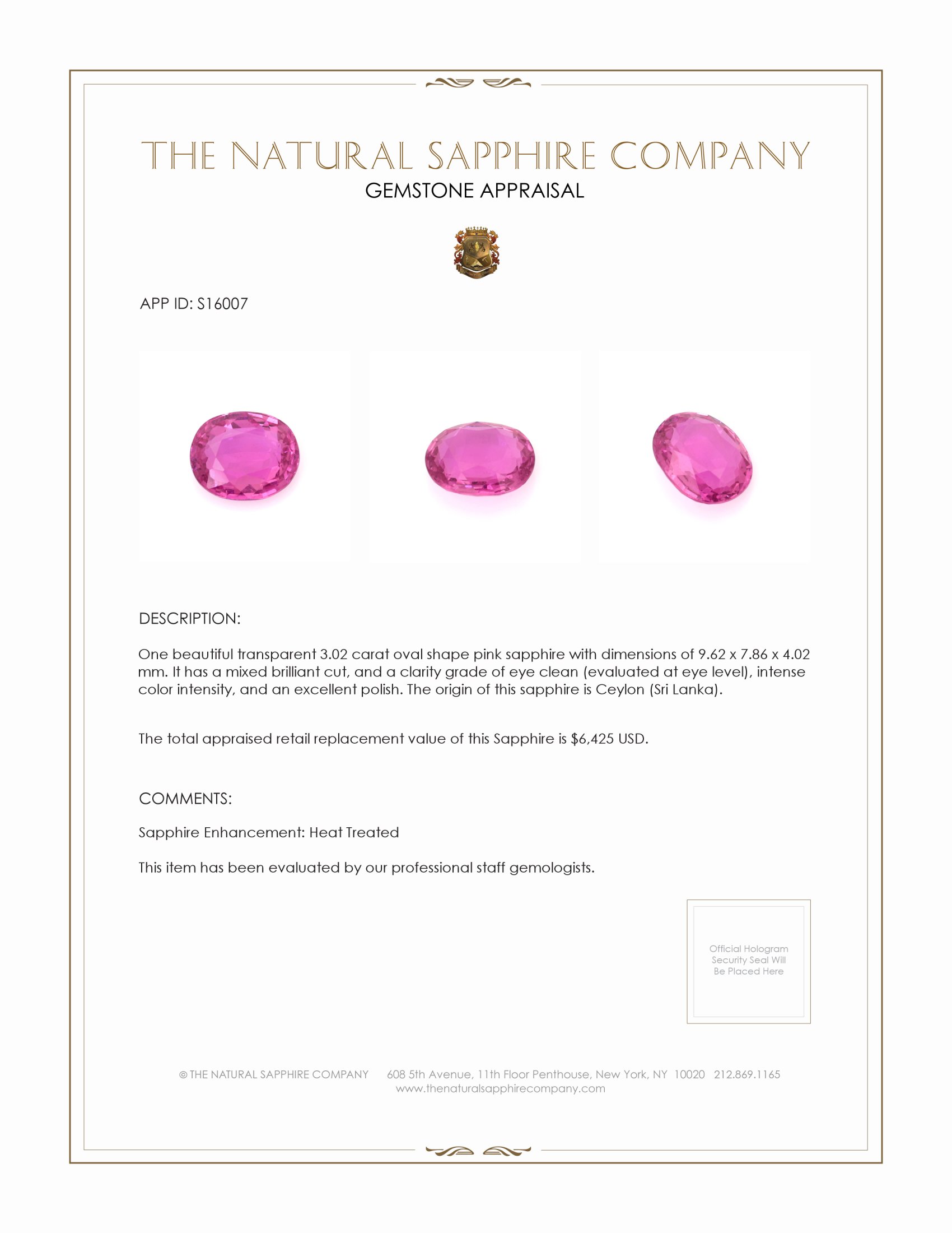 3.02 Ct. Pink Sapphire from Ceylon (Sri Lanka)