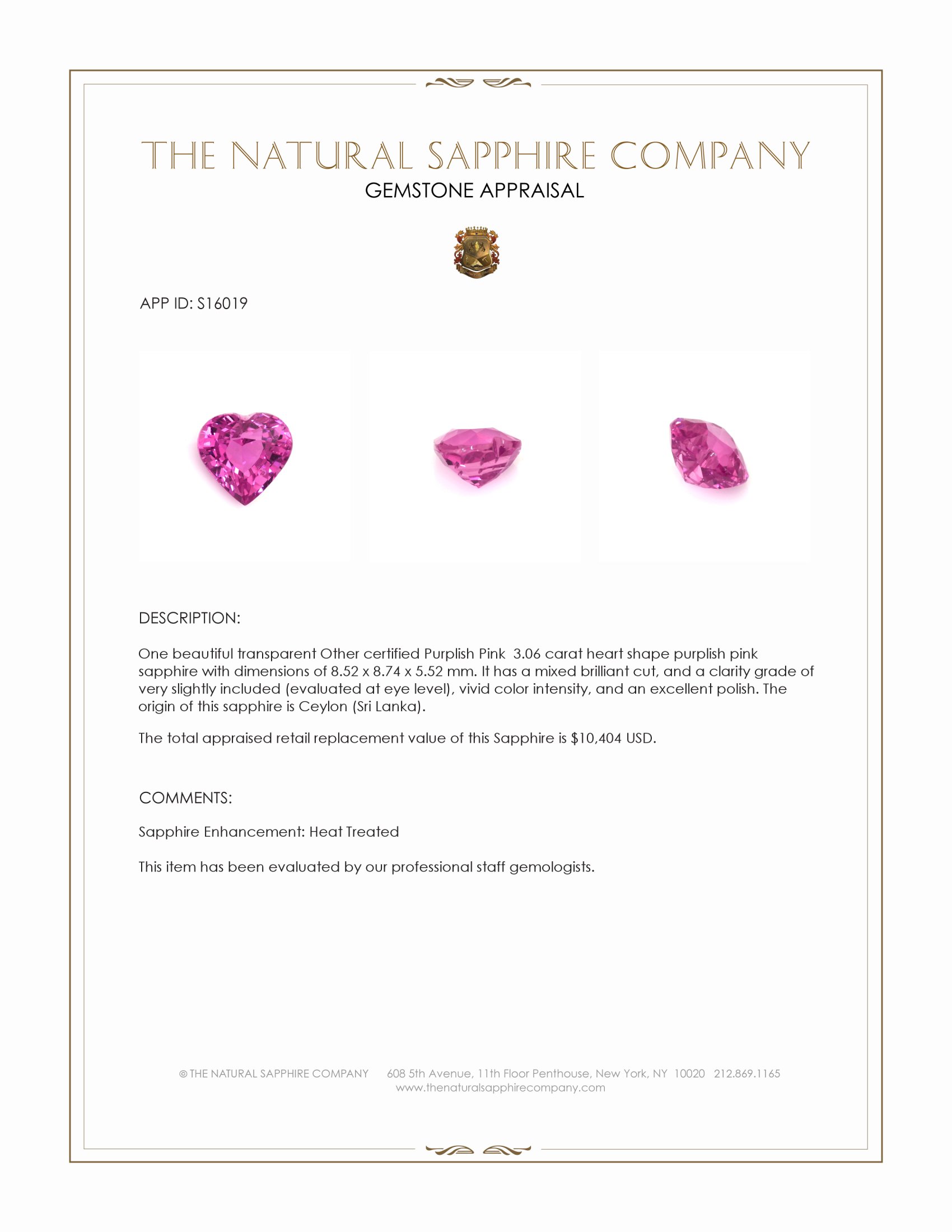 3.06 Ct. Purplish Pink Sapphire from Ceylon (Sri Lanka)