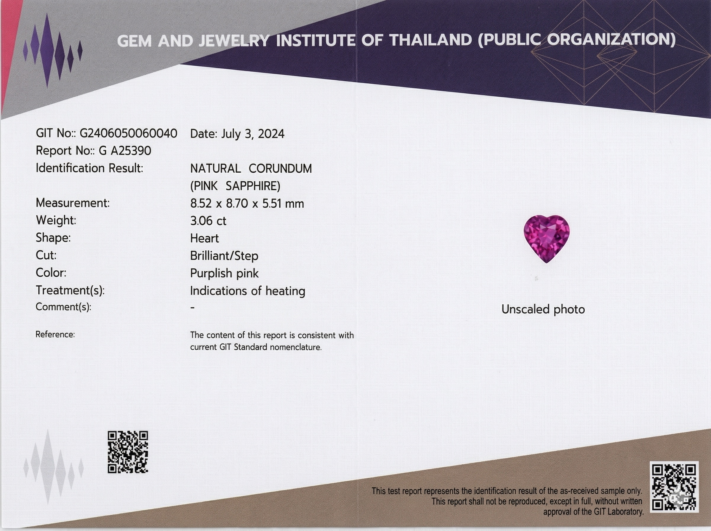 3.06 Ct. Purplish Pink Sapphire from Ceylon (Sri Lanka)