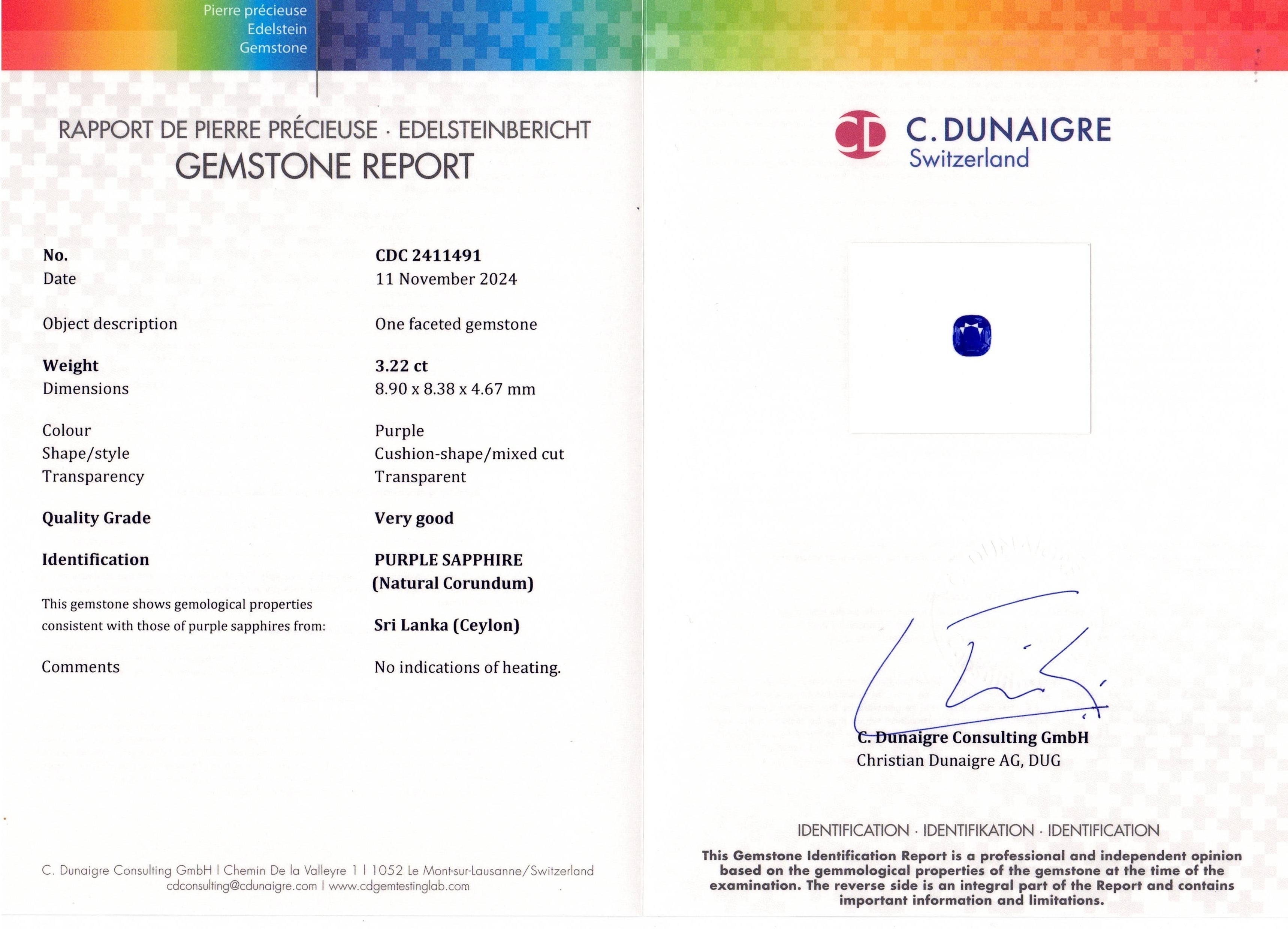 3.23 Ct. Purple Sapphire from Ceylon (Sri Lanka)