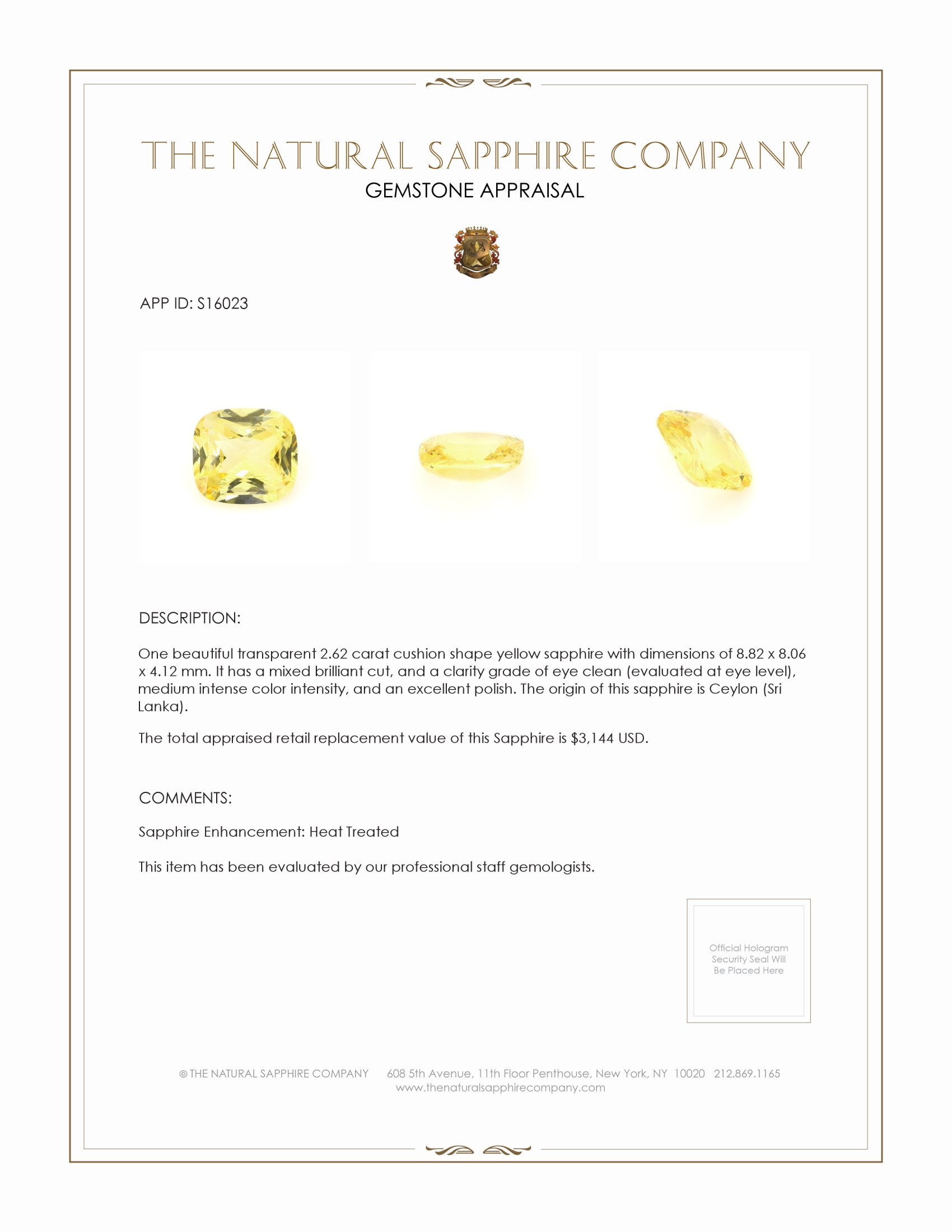 2.62 Ct. Yellow Sapphire from Ceylon (Sri Lanka)