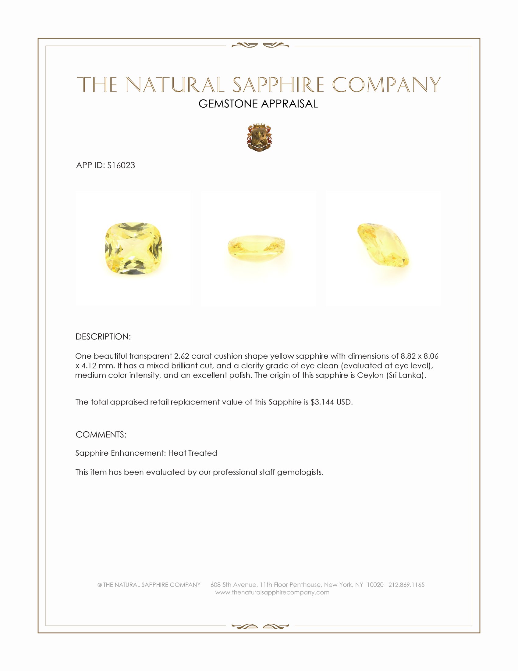 2.62 Ct. Yellow Sapphire from Ceylon (Sri Lanka)