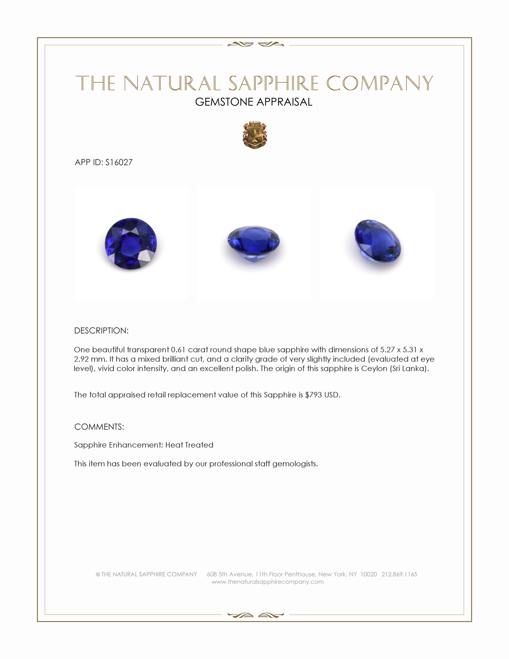 0.61 Ct. Blue Sapphire from Ceylon (Sri Lanka)