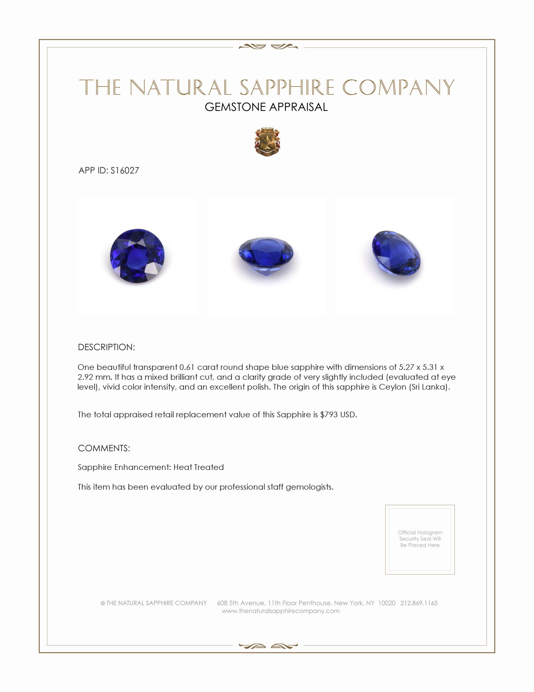 0.61 Ct. Blue Sapphire from Ceylon (Sri Lanka)