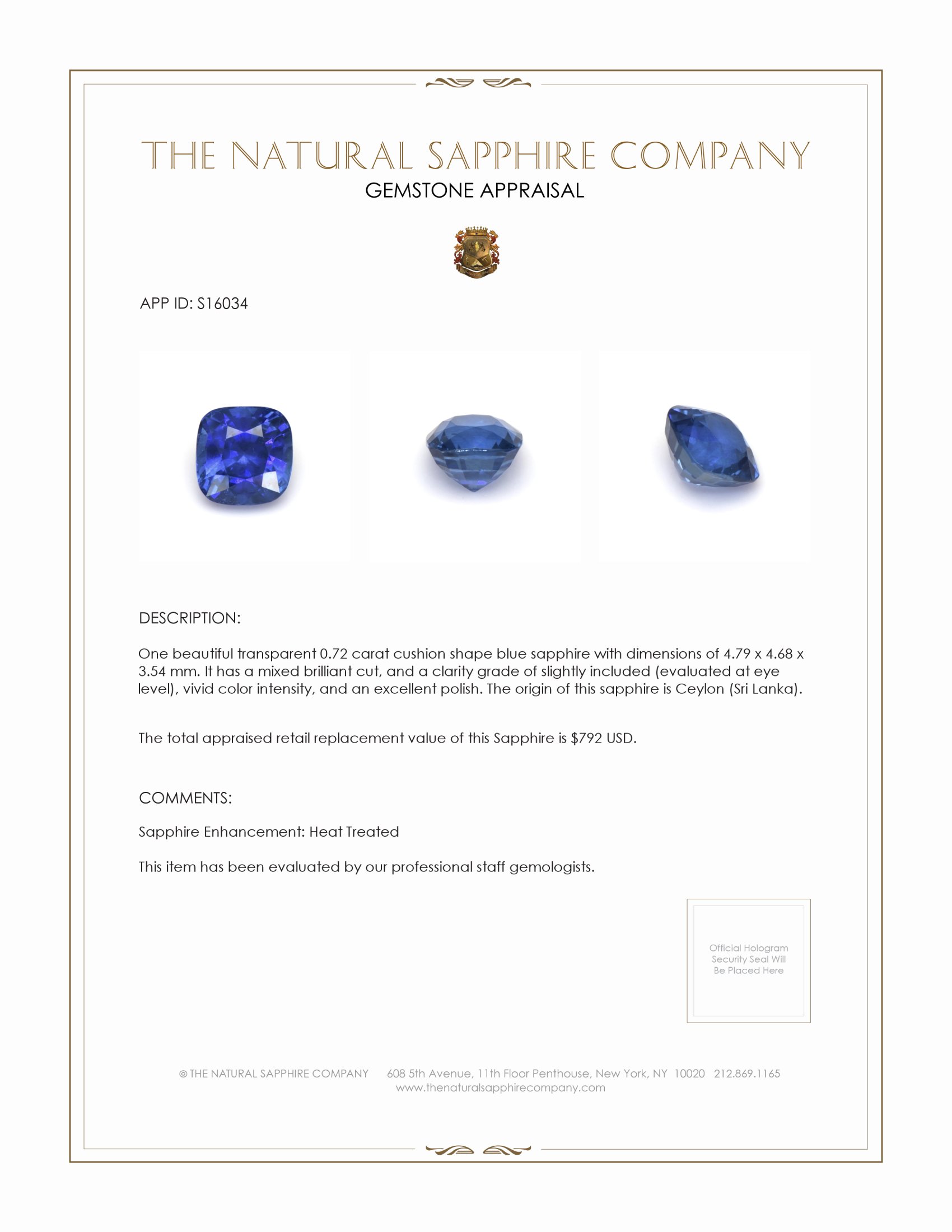0.72 Ct. Blue Sapphire from Ceylon (Sri Lanka)