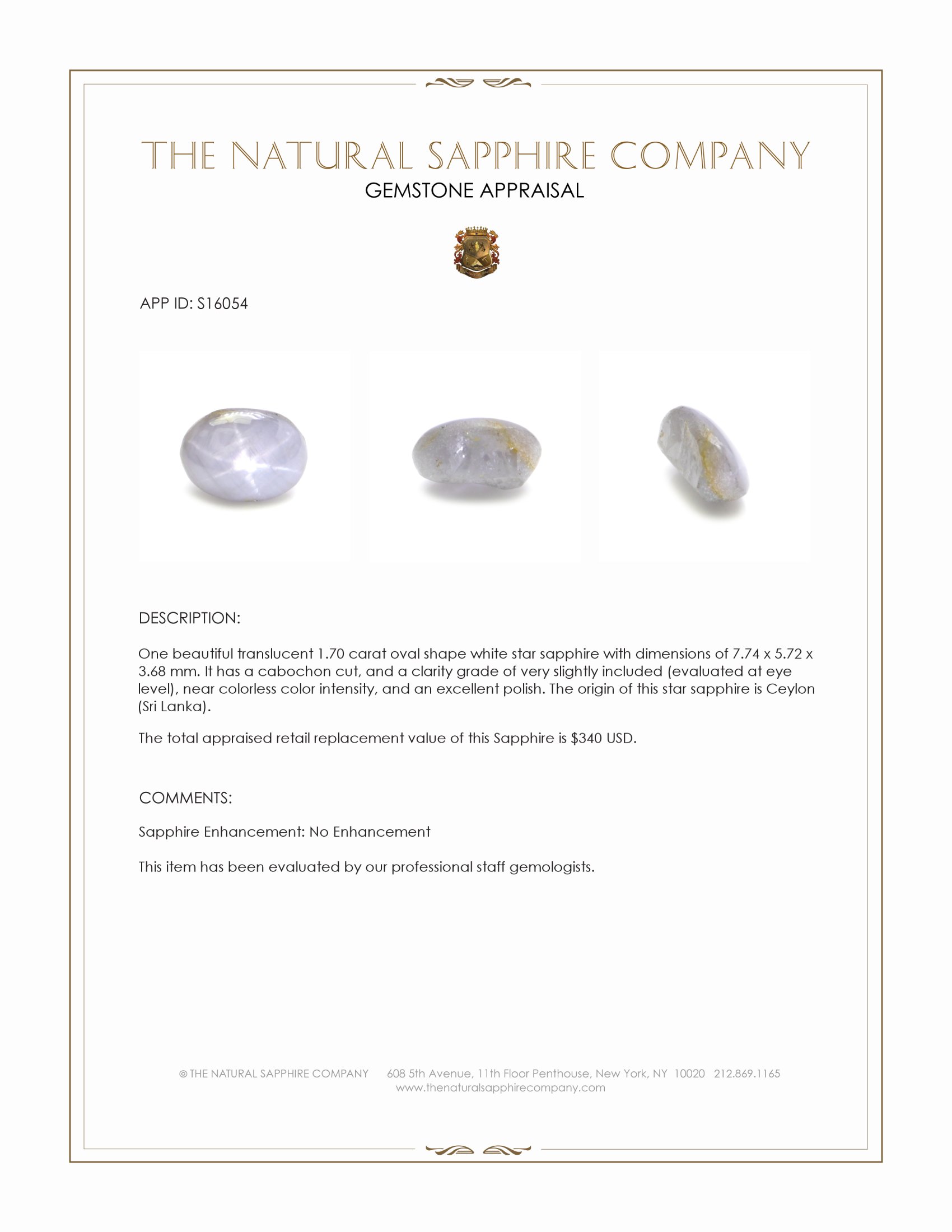 1.70 Ct. White Star Sapphire from Ceylon (Sri Lanka)