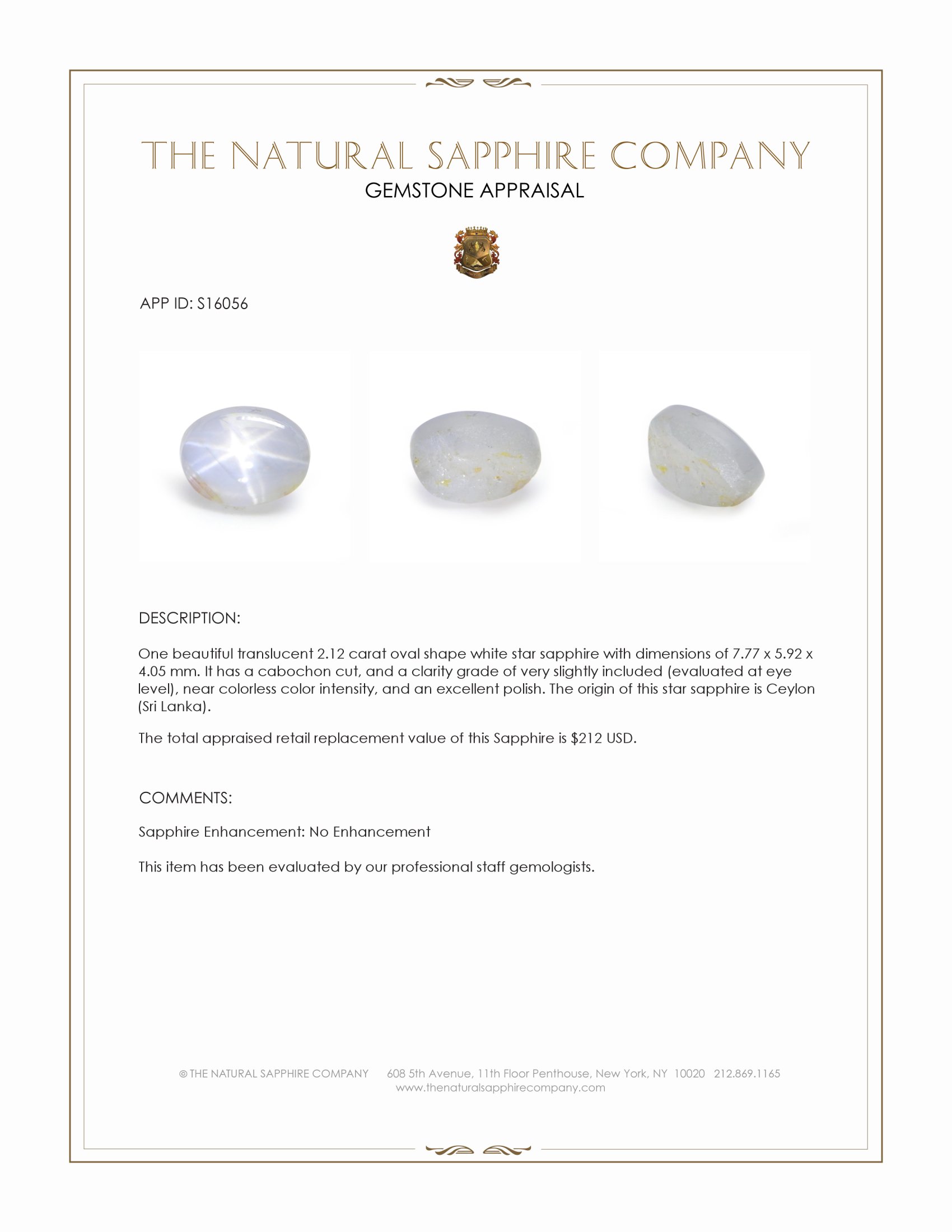 2.12 Ct. White Star Sapphire from Ceylon (Sri Lanka)