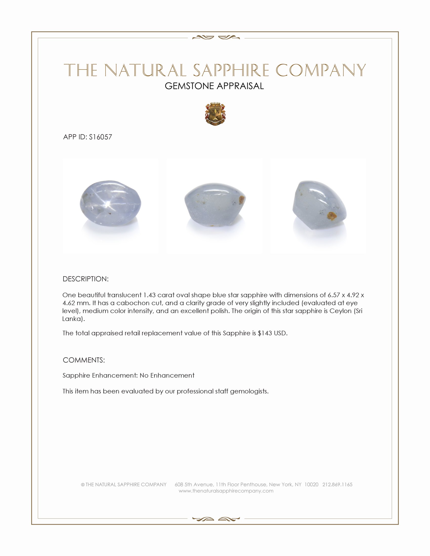 1.43 Ct. Blue Star Sapphire from Ceylon (Sri Lanka)