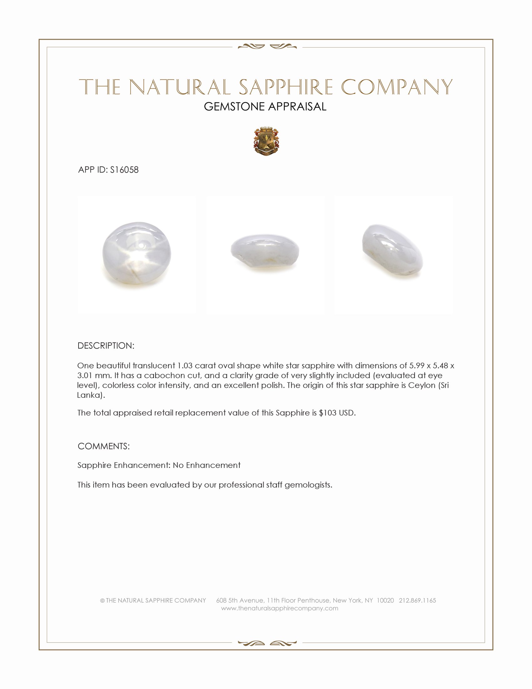 1.03 Ct. White Star Sapphire from Ceylon (Sri Lanka)