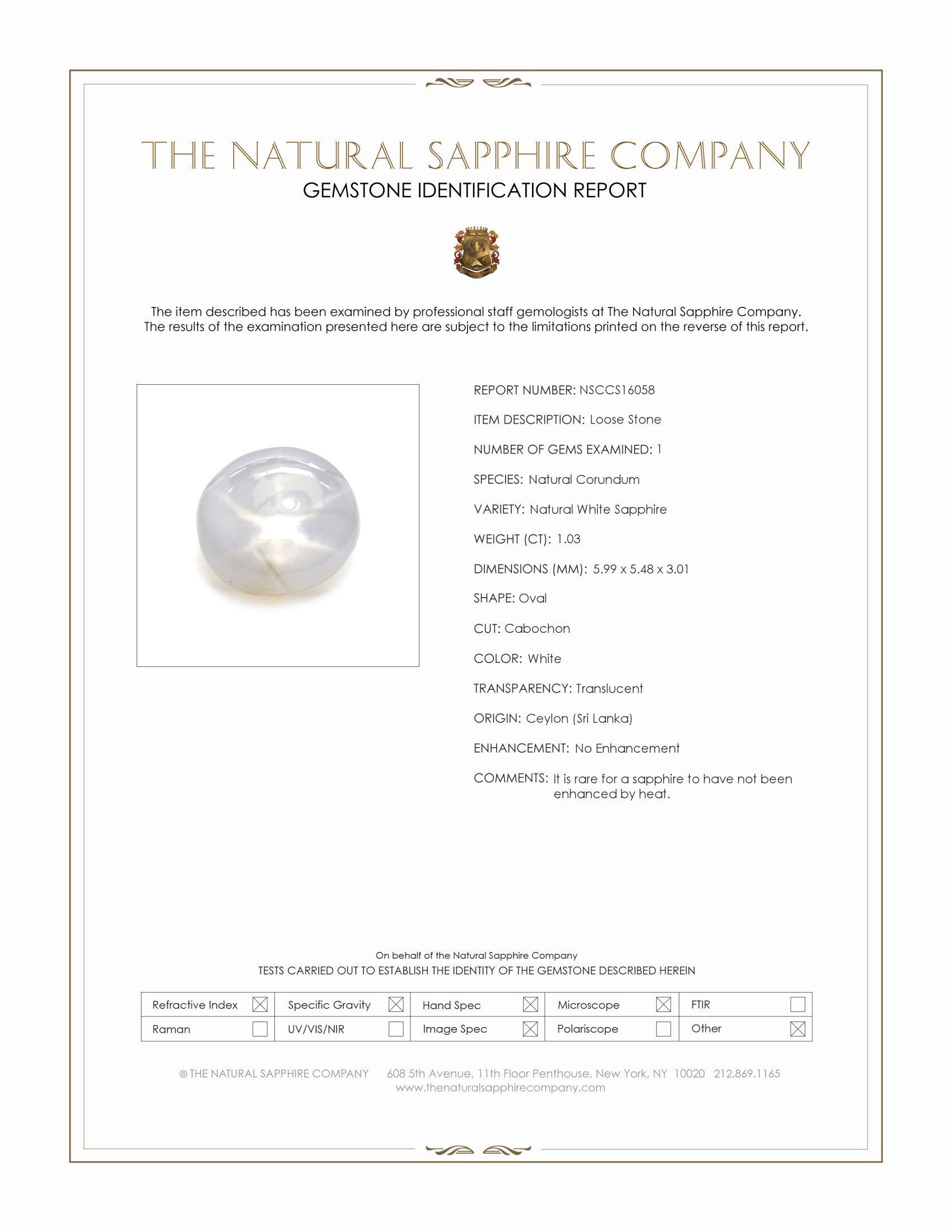 1.03 Ct. White Star Sapphire from Ceylon (Sri Lanka)