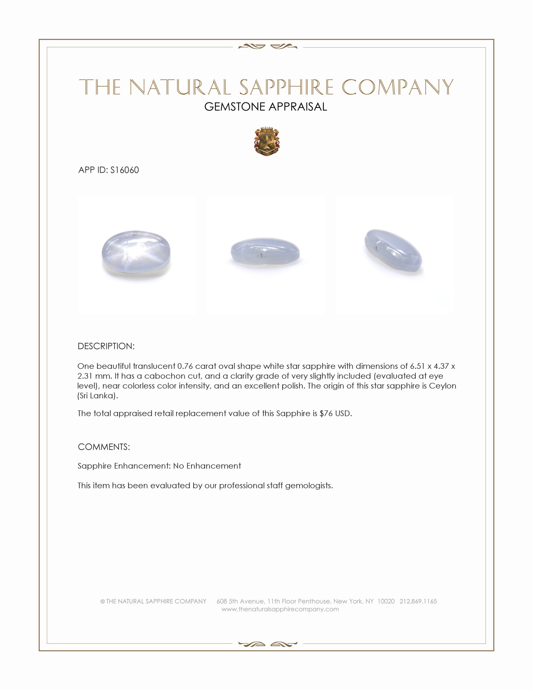 0.76 Ct. White Star Sapphire from Ceylon (Sri Lanka)