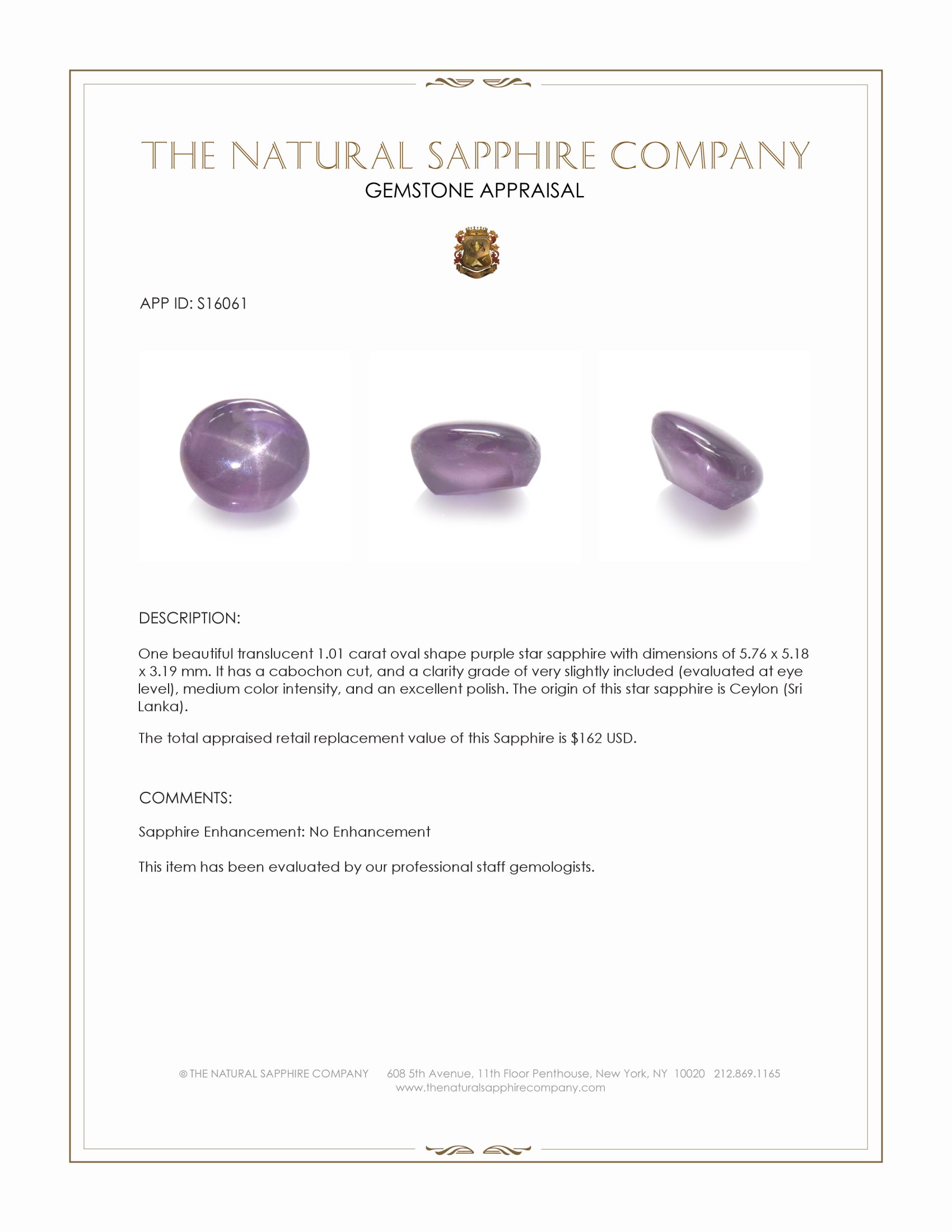 1.01 Ct. Purple Star Sapphire from Ceylon (Sri Lanka)