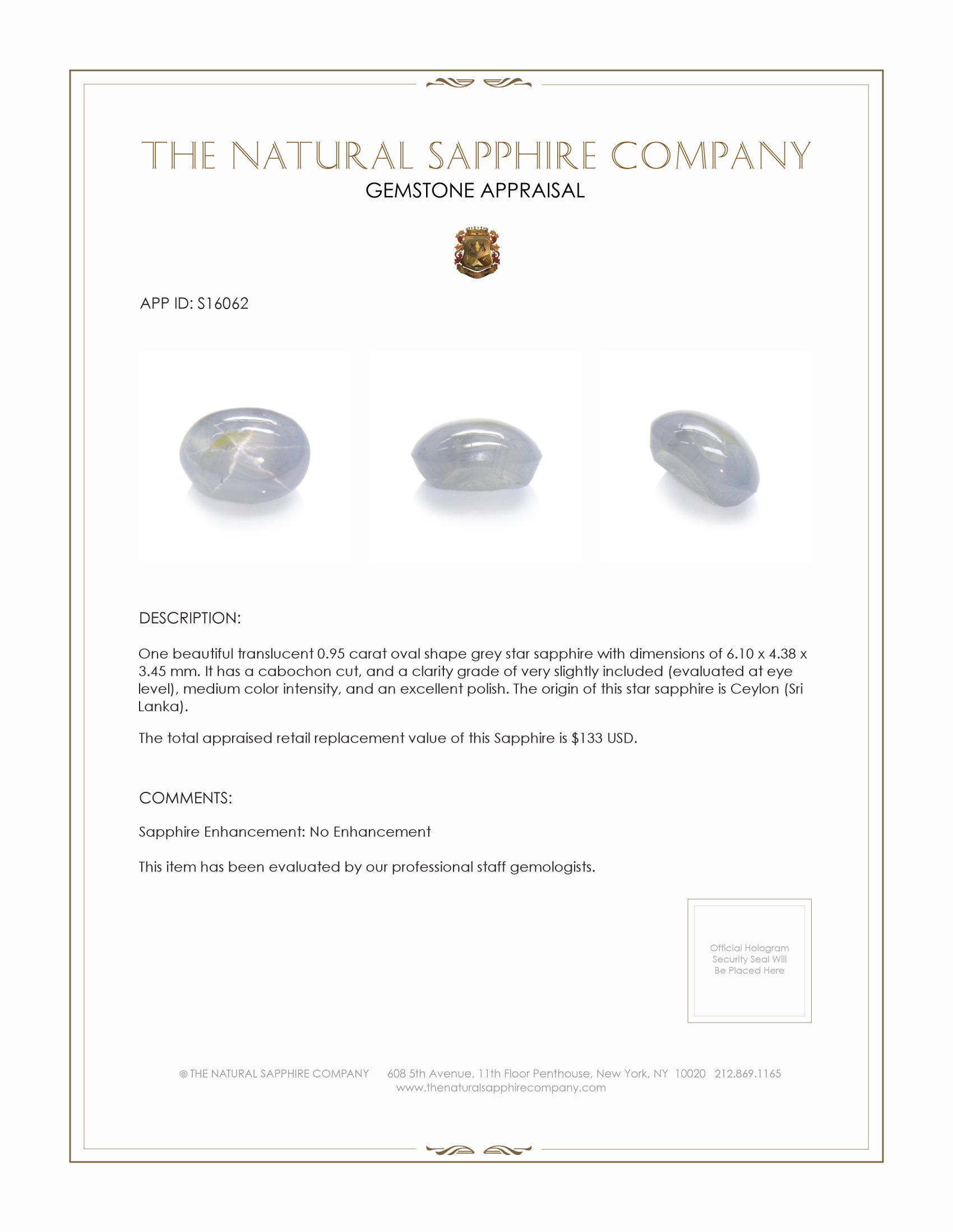 0.95 Ct. Grey Star Sapphire from Ceylon (Sri Lanka)
