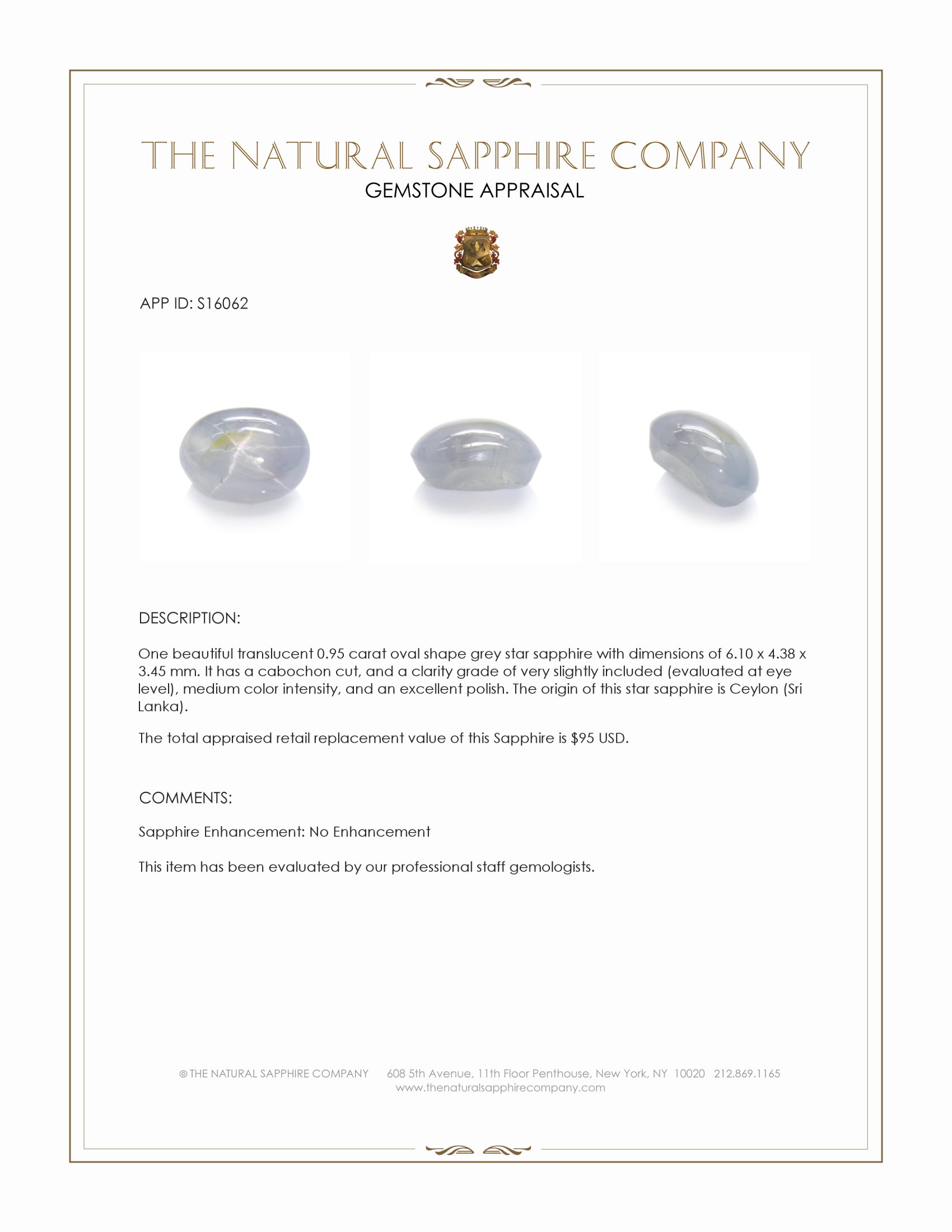 0.95 Ct. Grey Star Sapphire from Ceylon (Sri Lanka)