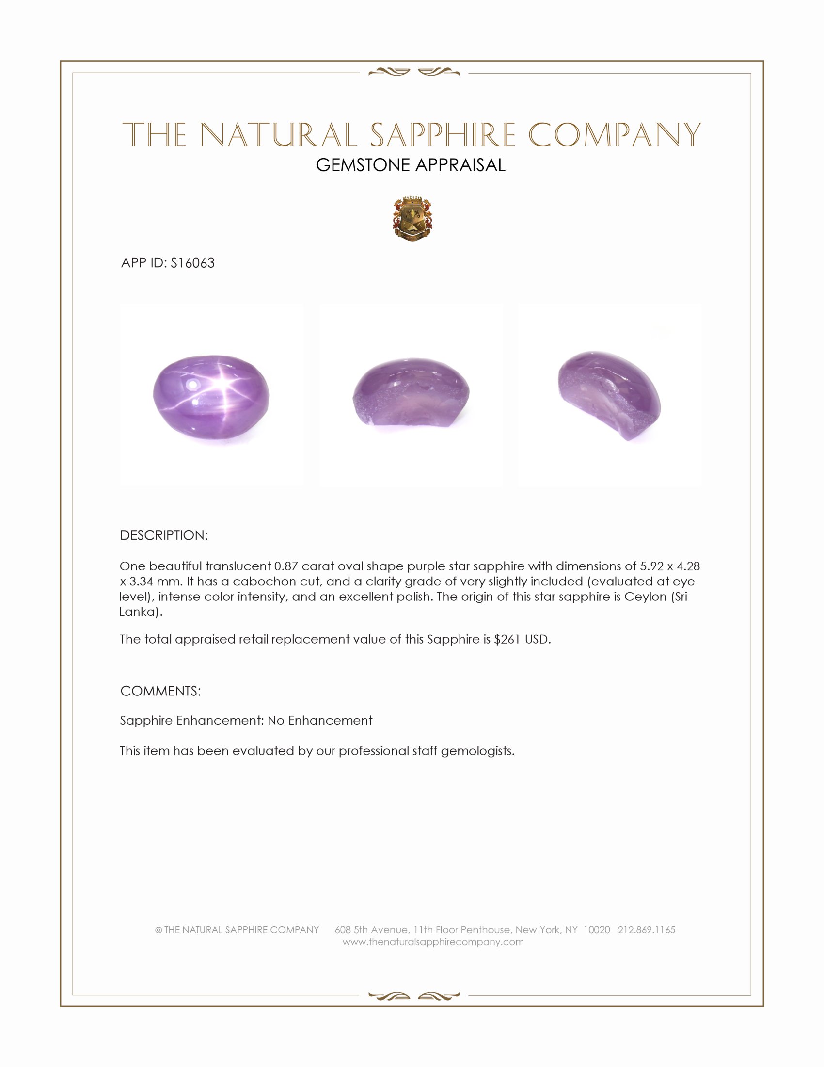 0.87 Ct. Purple Star Sapphire from Ceylon (Sri Lanka)