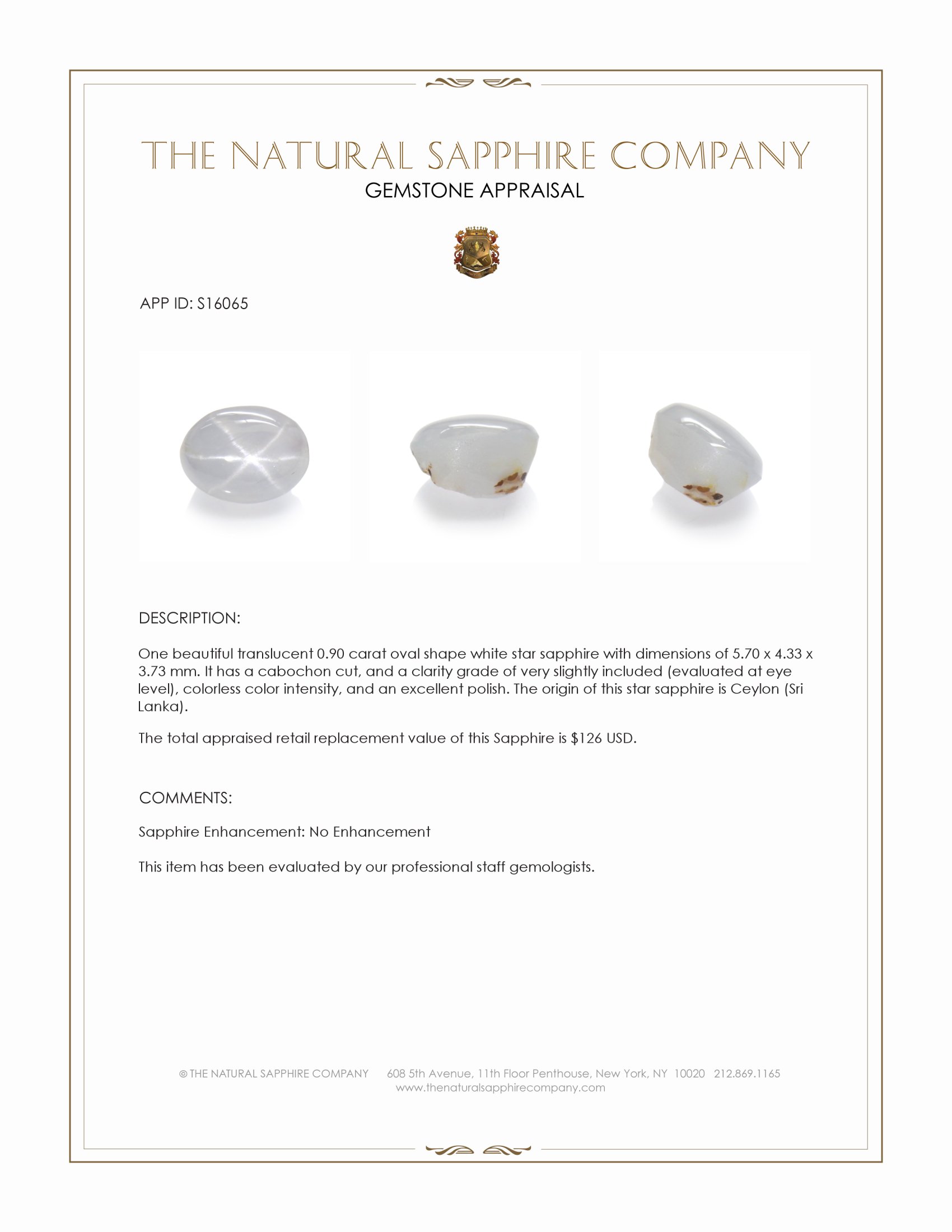 0.90 Ct. White Star Sapphire from Ceylon (Sri Lanka)