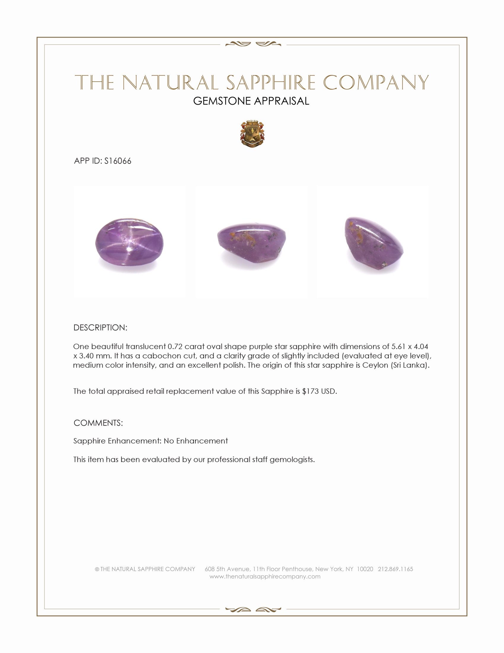 0.72 Ct. Purple Star Sapphire from Ceylon (Sri Lanka)