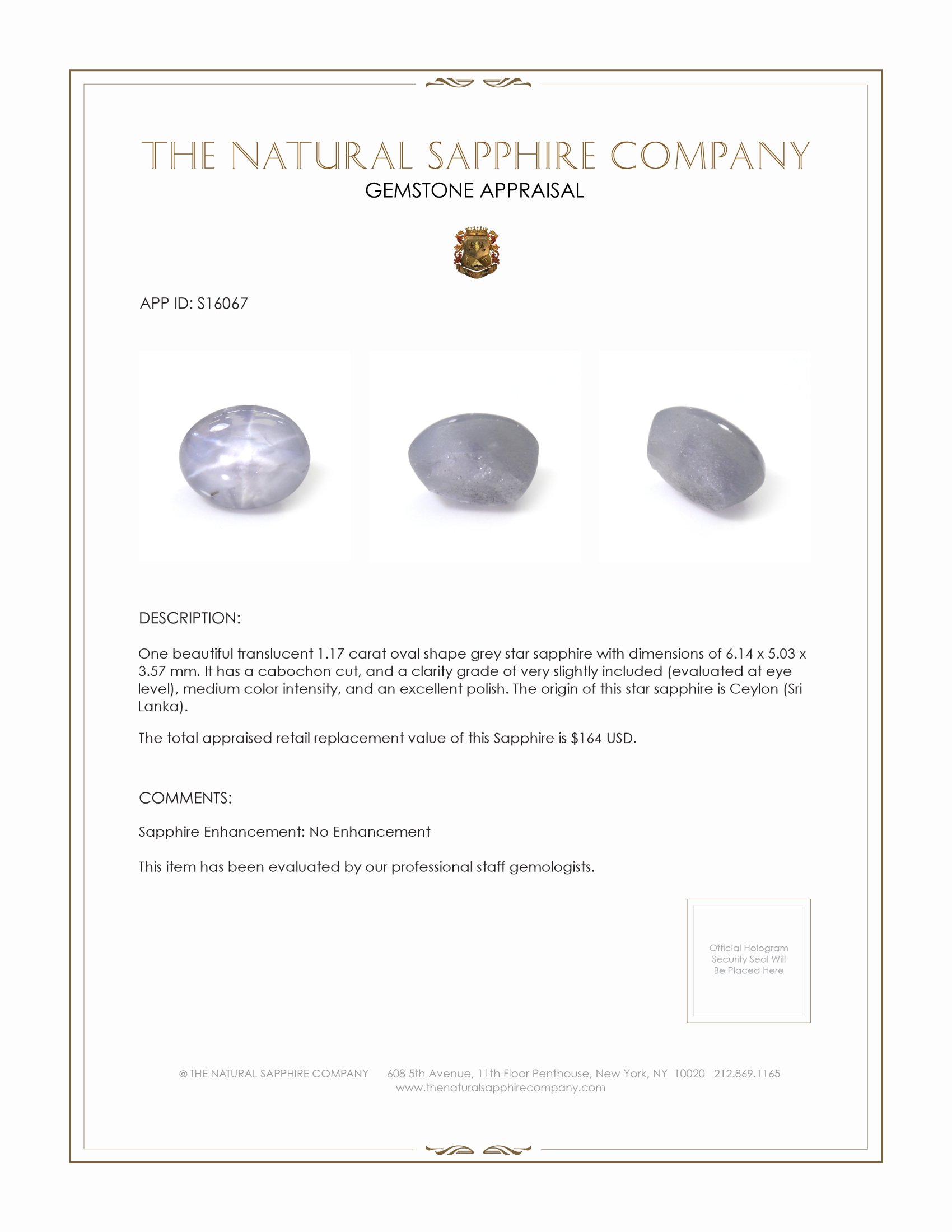 1.17 Ct. Grey Star Sapphire from Ceylon (Sri Lanka)