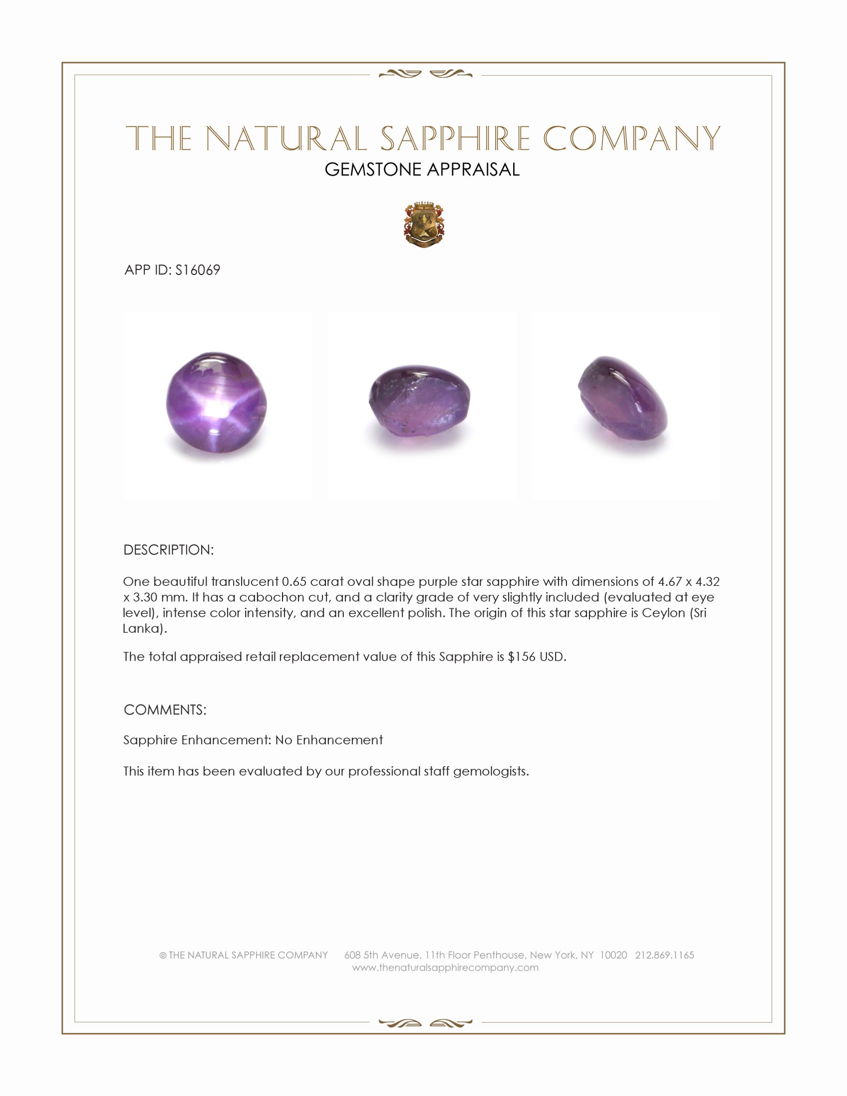 0.65 Ct. Purple Star Sapphire from Ceylon (Sri Lanka)