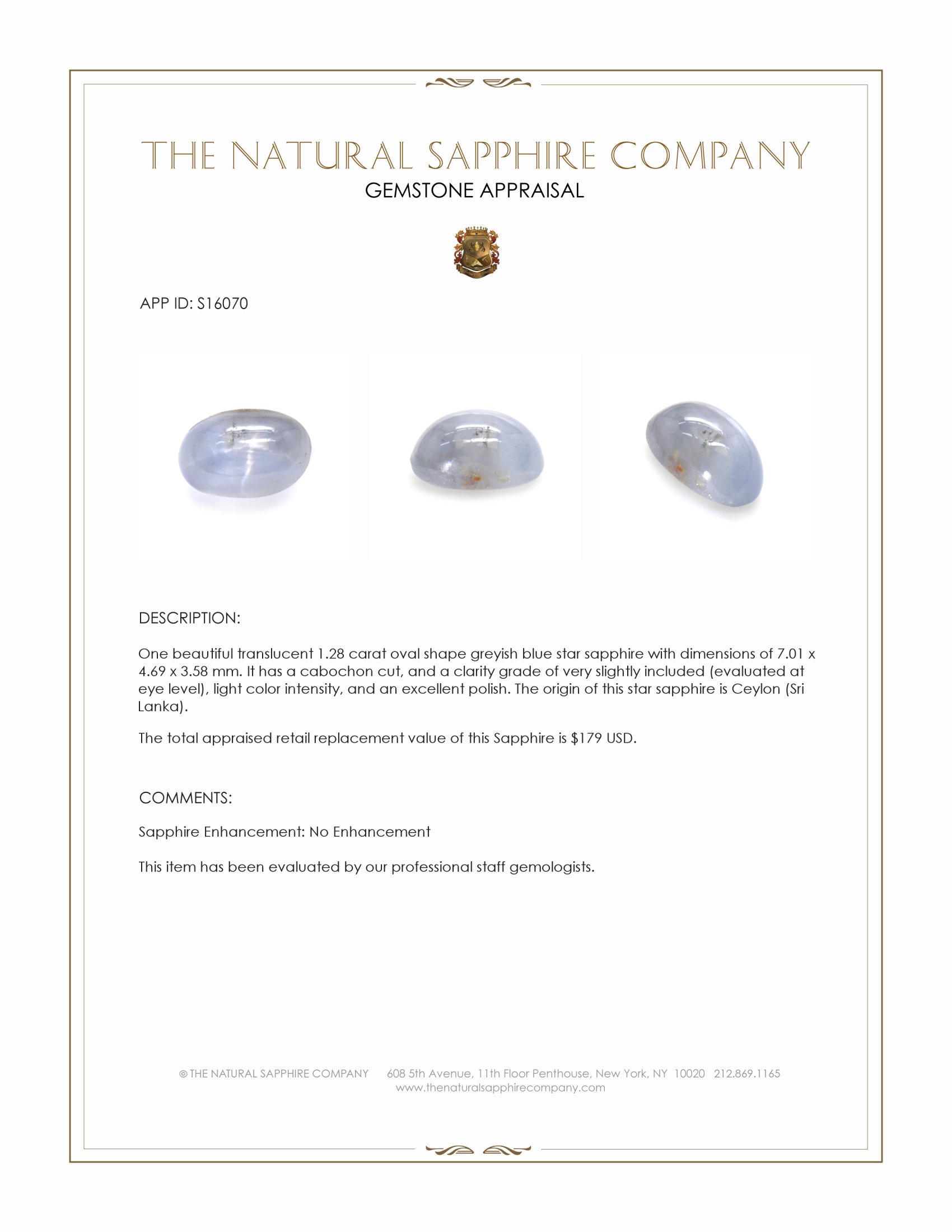1.28 Ct. Greyish Blue Star Sapphire from Ceylon (Sri Lanka)