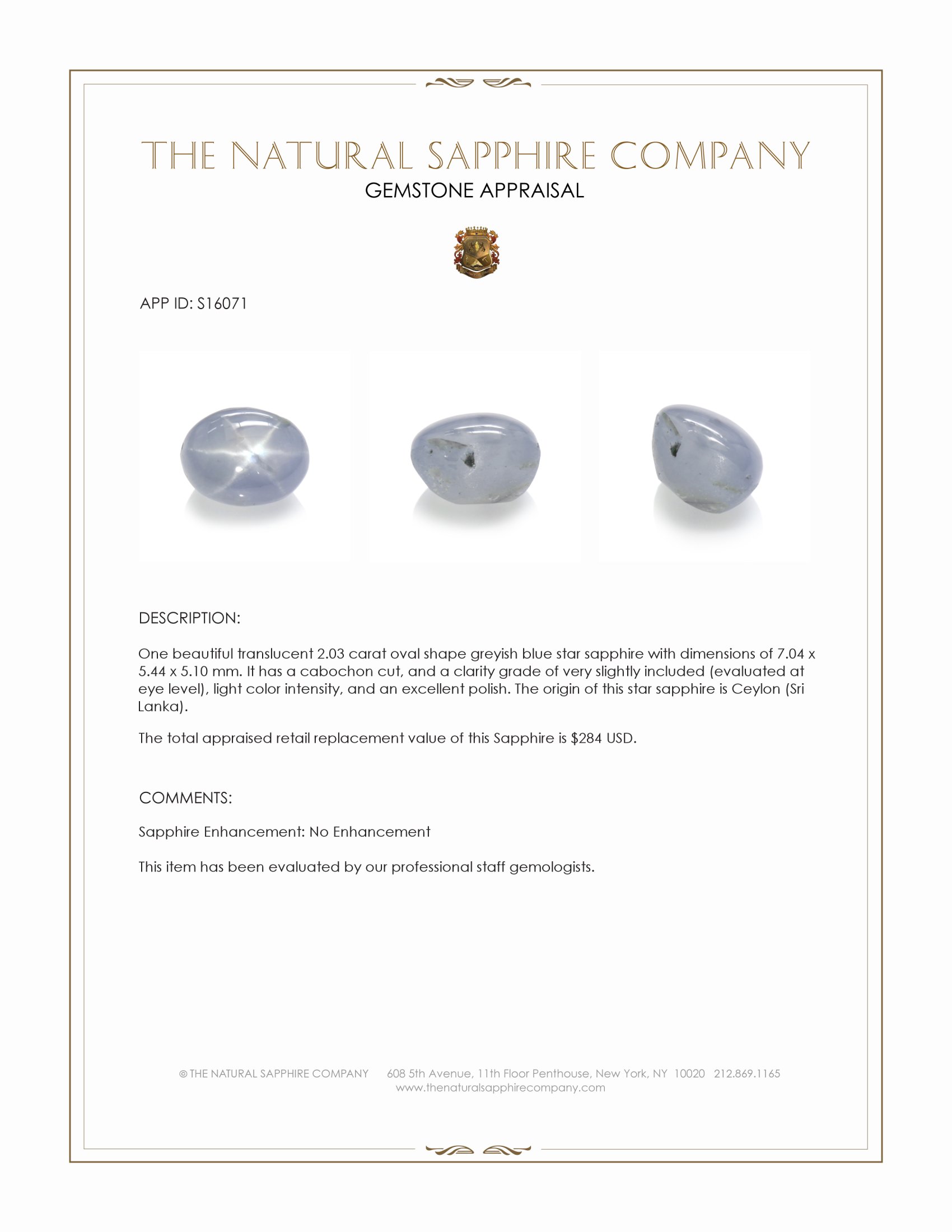 2.03 Ct. Greyish Blue Star Sapphire from Ceylon (Sri Lanka)