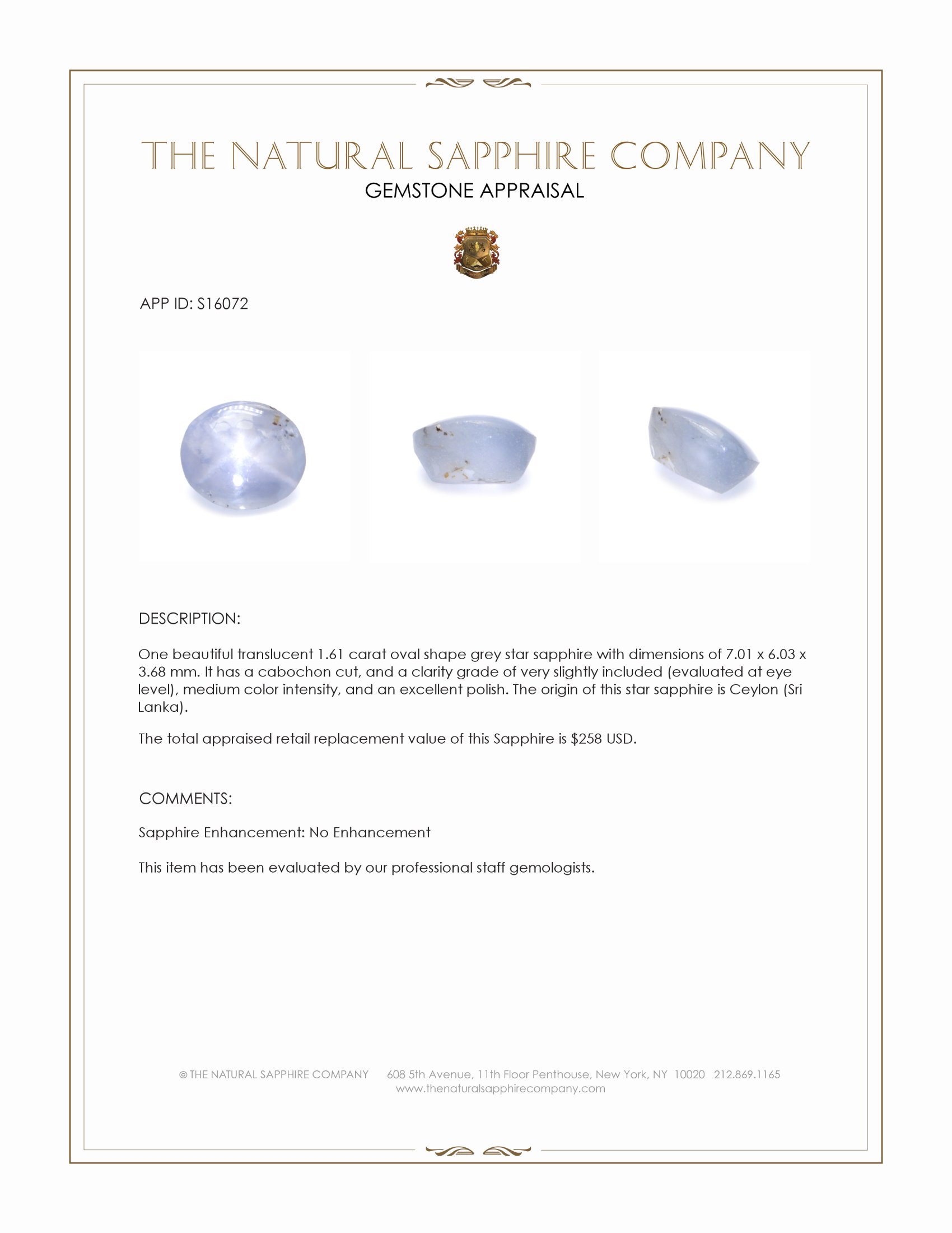 1.61 Ct. Grey Star Sapphire from Ceylon (Sri Lanka)