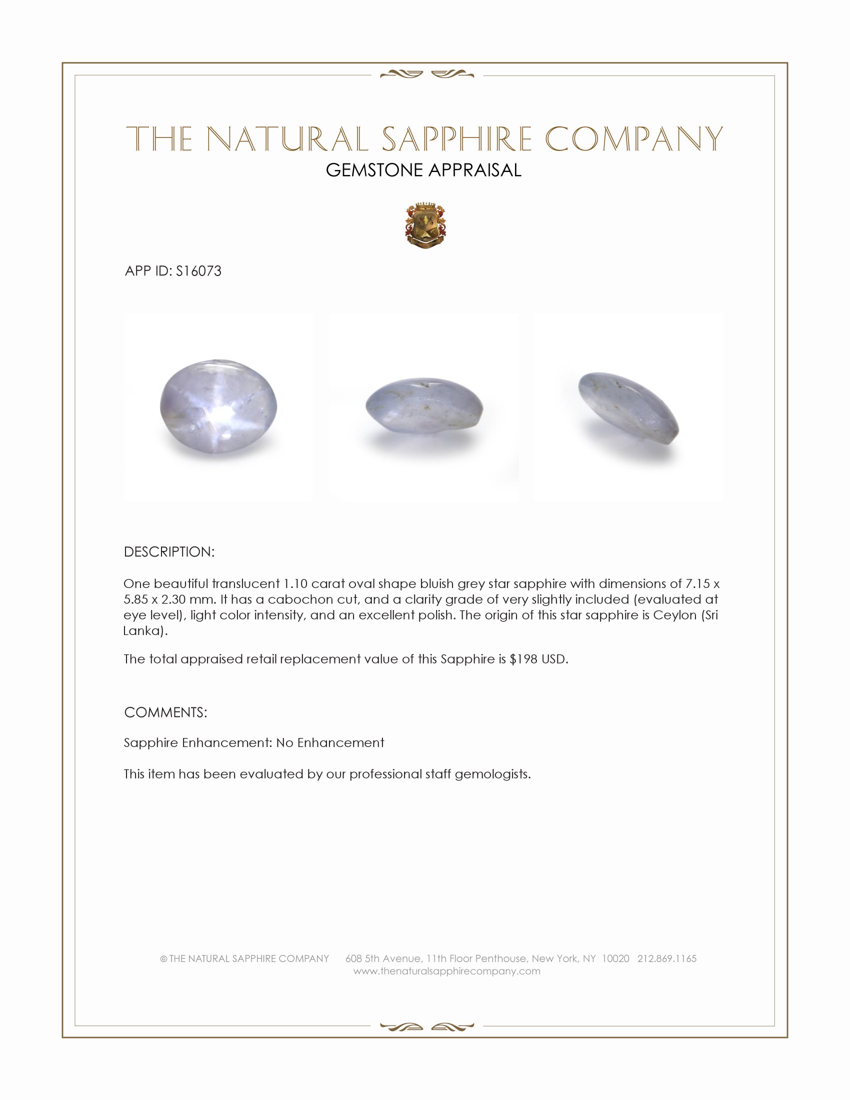 1.10 Ct. Bluish Grey Star Sapphire from Ceylon (Sri Lanka)