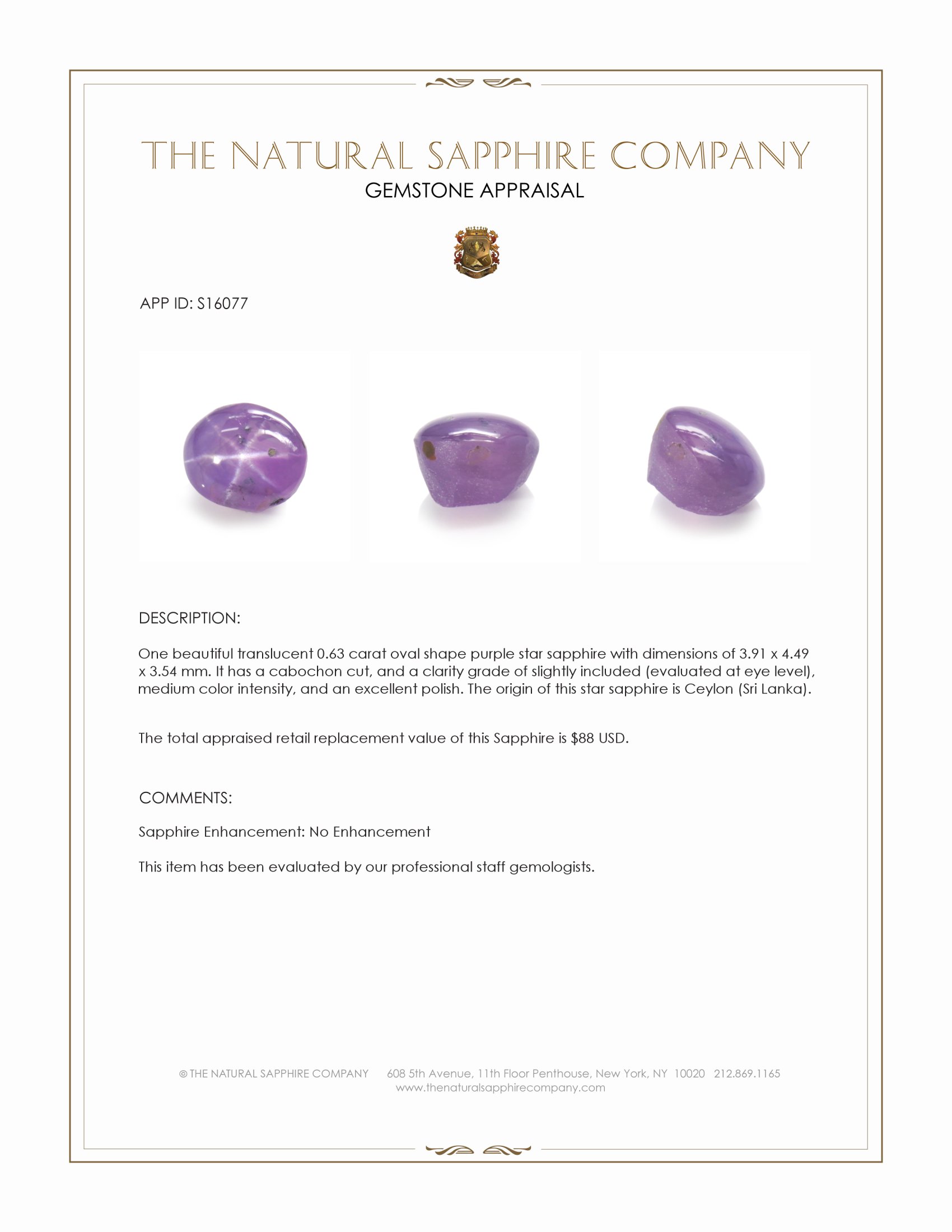 0.63 Ct. Purple Star Sapphire from Ceylon (Sri Lanka)