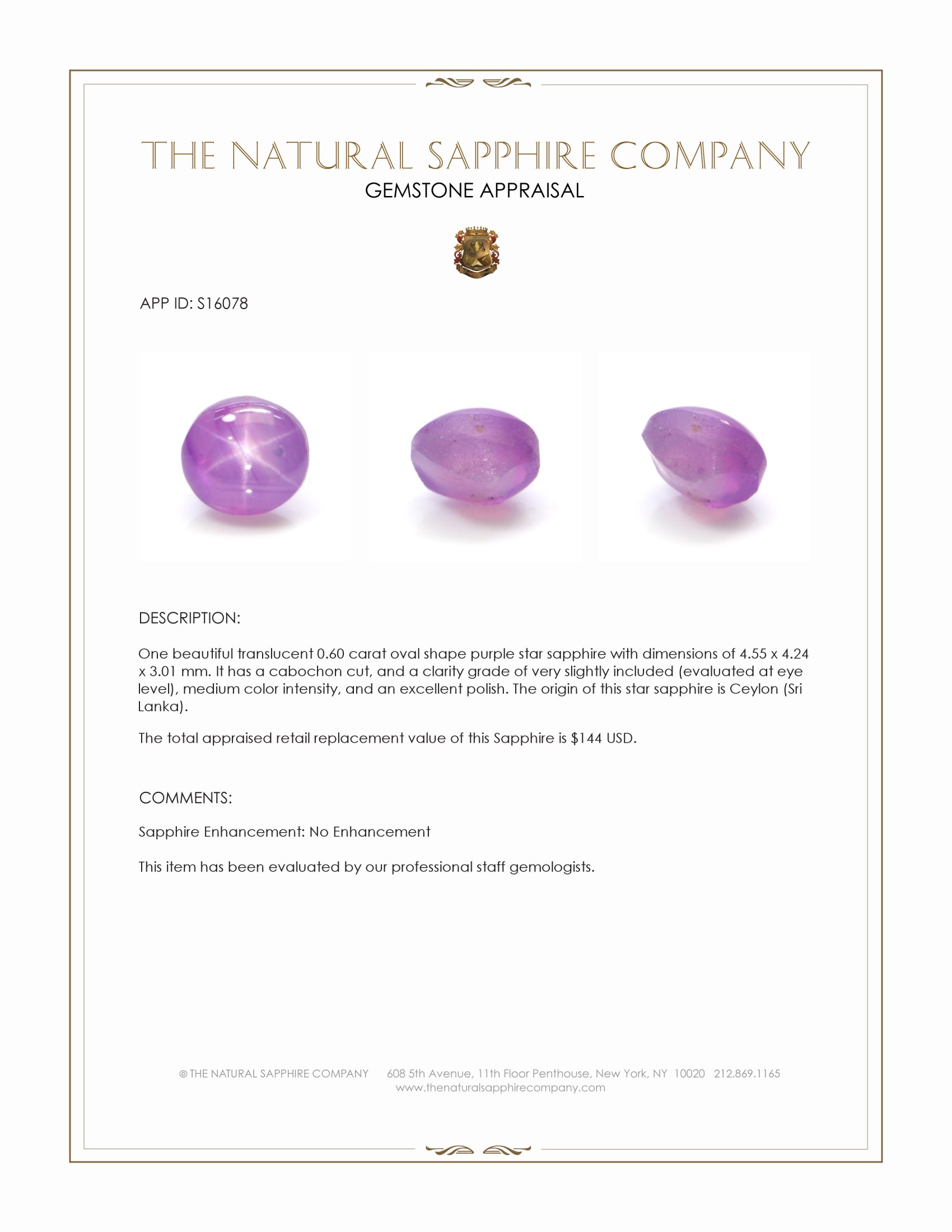 0.60 Ct. Purple Star Sapphire from Ceylon (Sri Lanka)