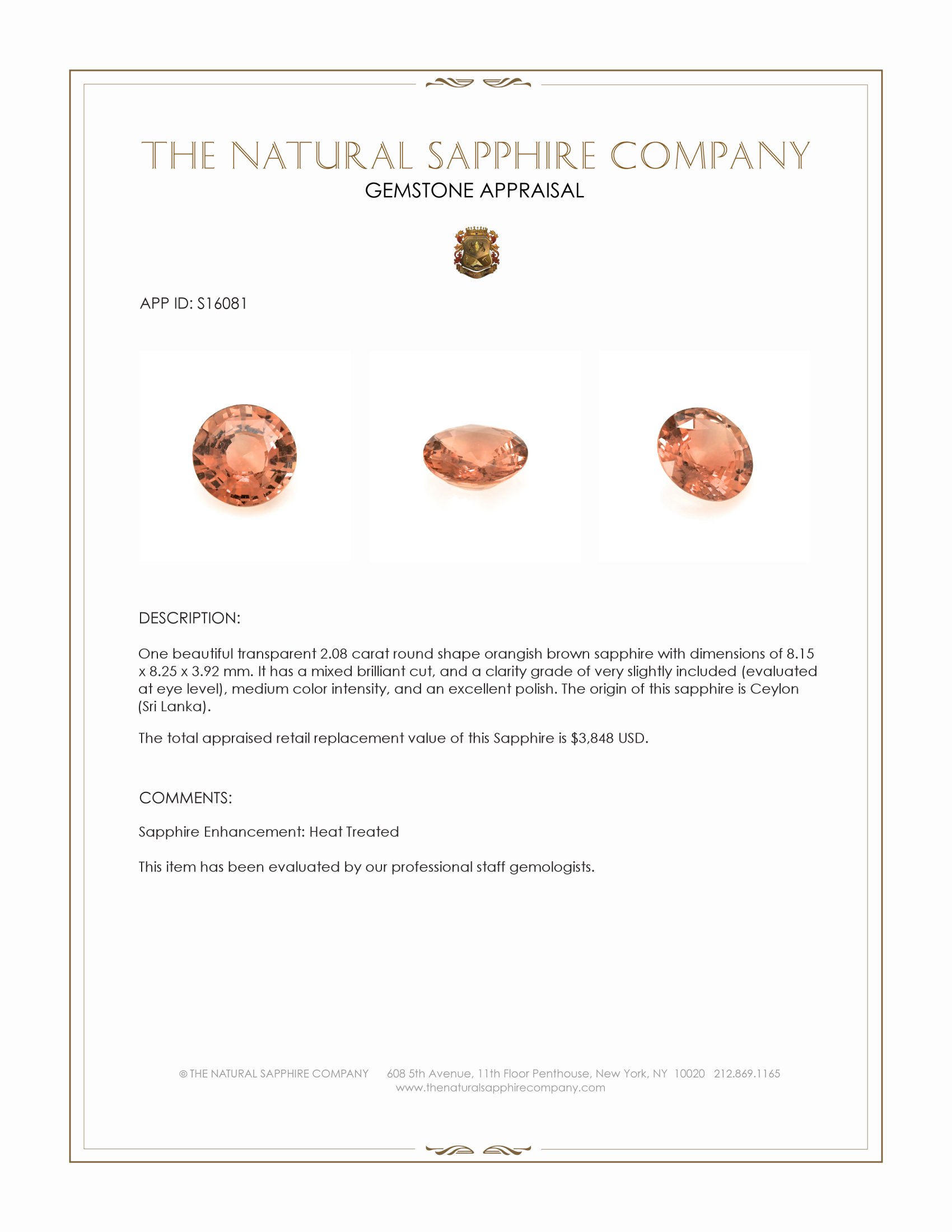 2.08 Ct. Orangish Brown Sapphire from Ceylon (Sri Lanka)