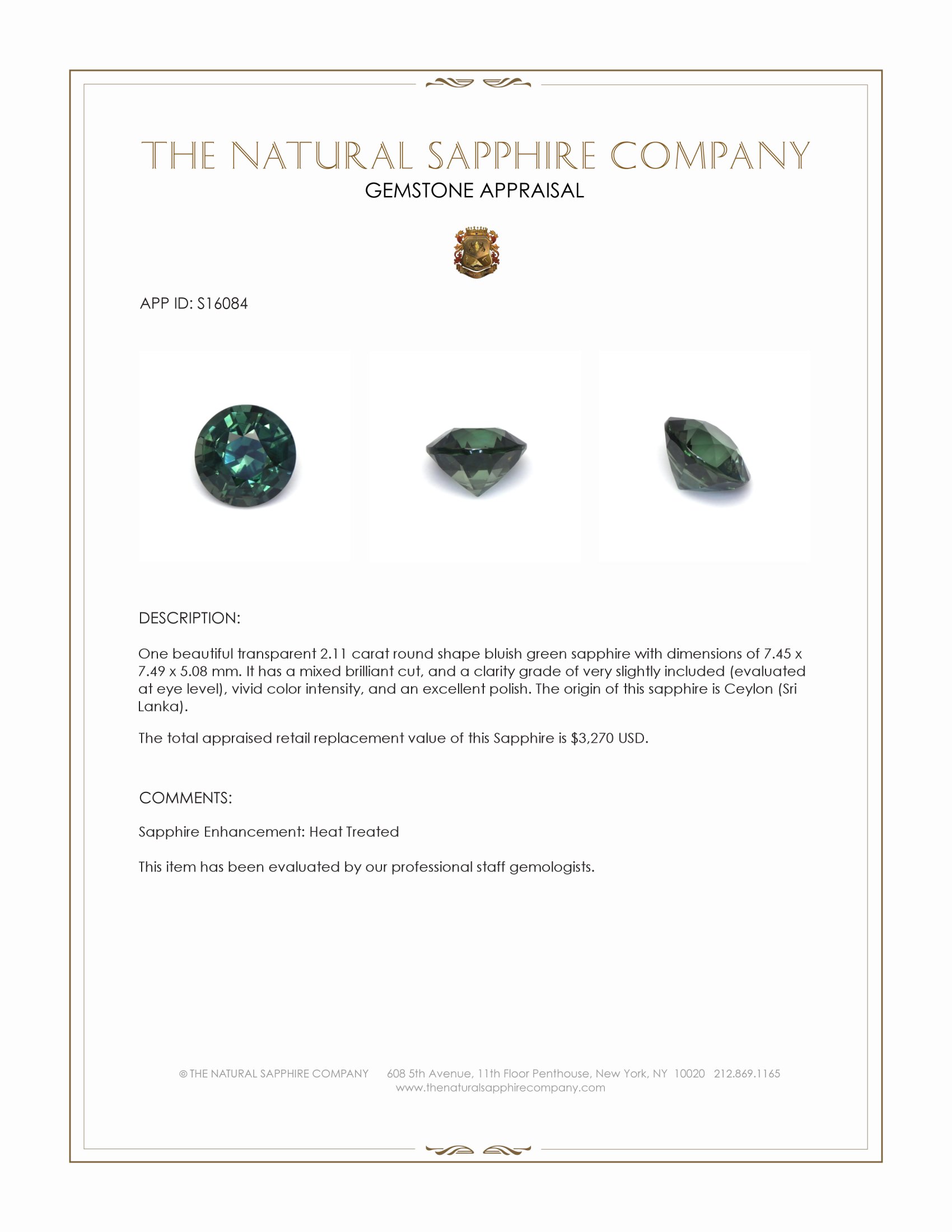2.11 Ct. Bluish Green Sapphire from Ceylon (Sri Lanka)