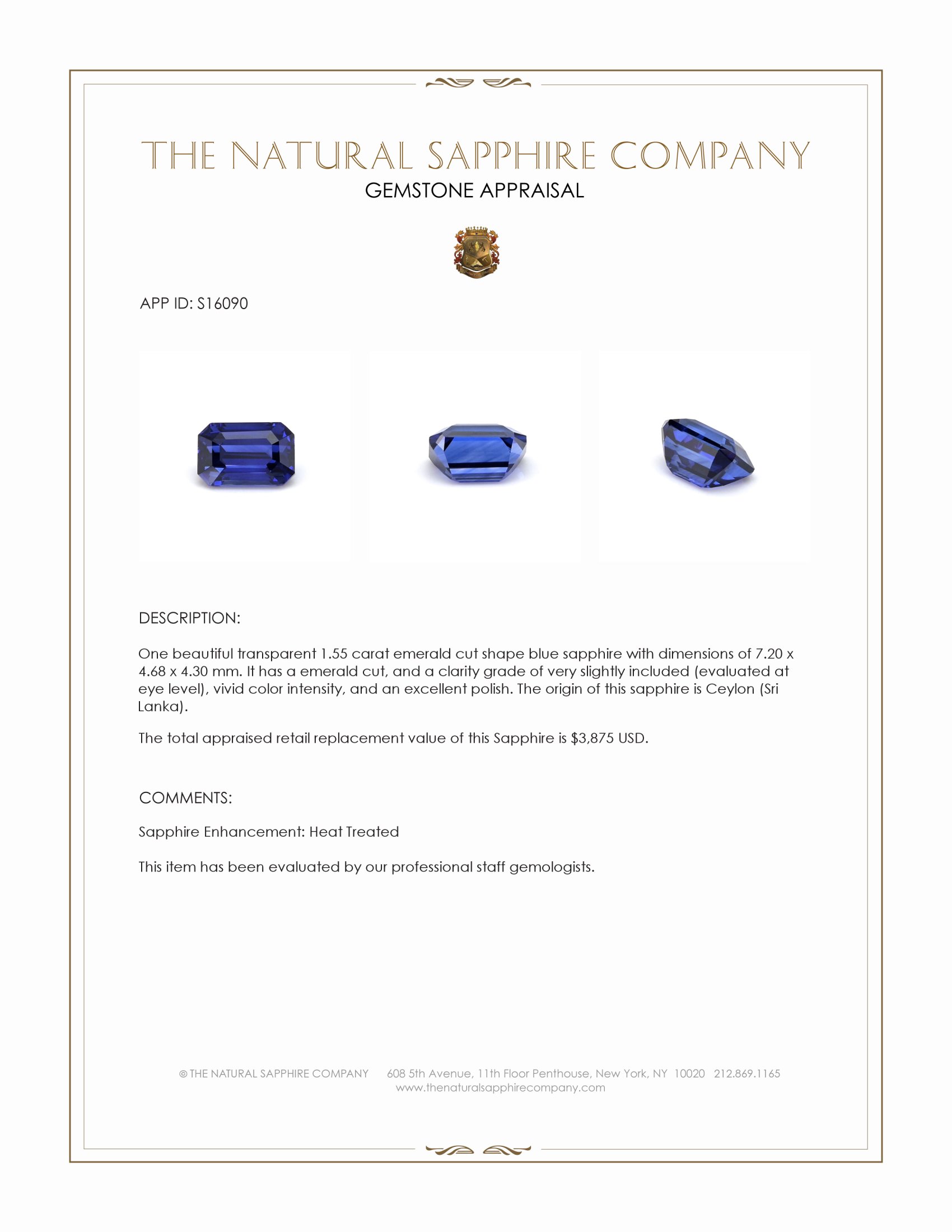 1.55 Ct. Blue Sapphire from Ceylon (Sri Lanka)
