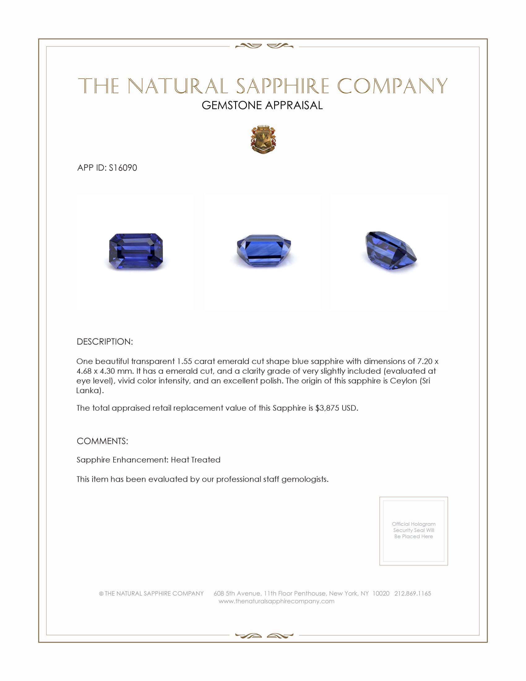 1.55 Ct. Blue Sapphire from Ceylon (Sri Lanka)