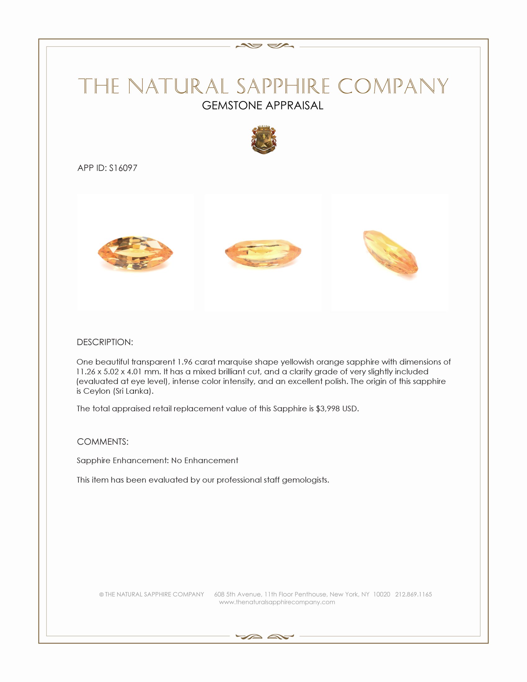 1.96 Ct. Yellowish Orange Sapphire from Ceylon (Sri Lanka)