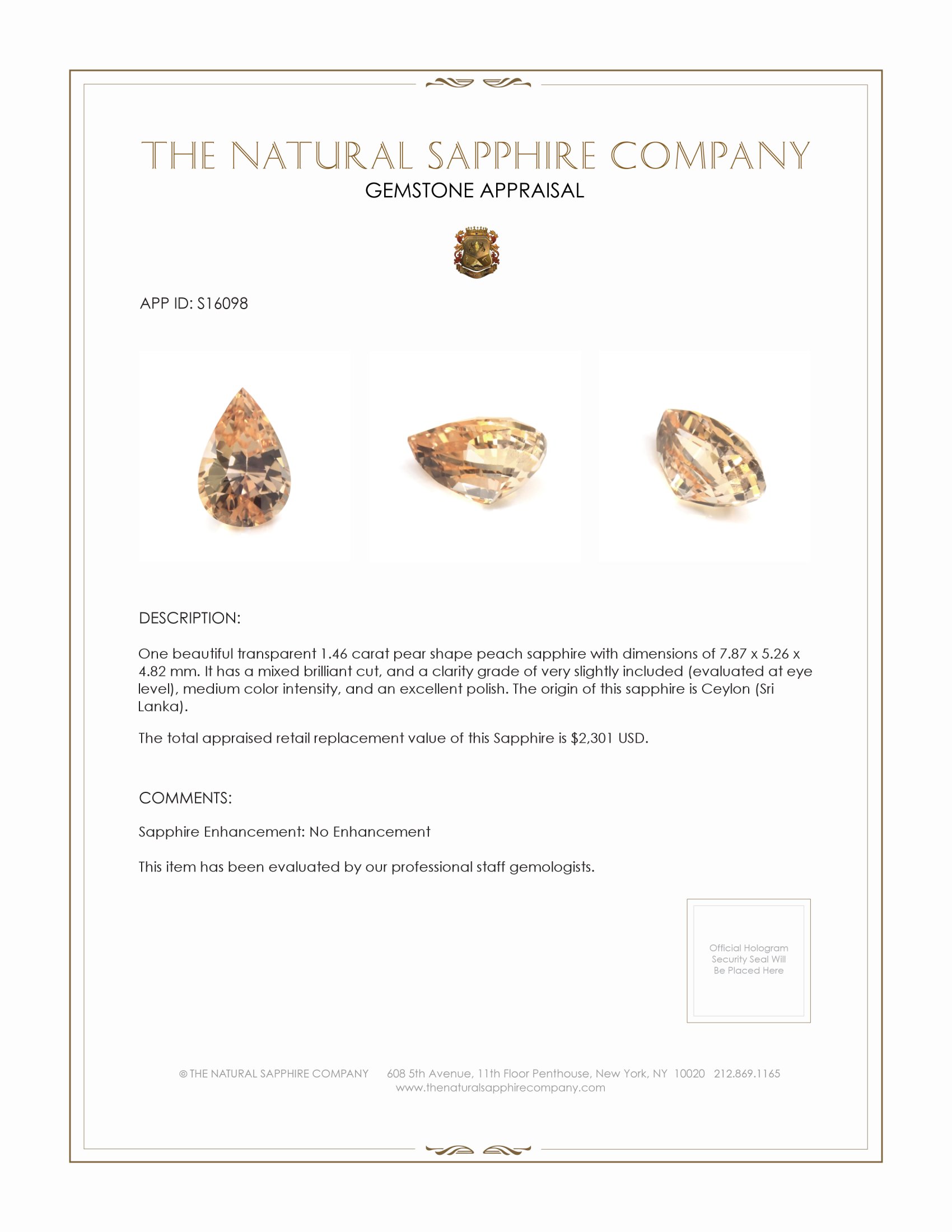 1.46 Ct. Peach Sapphire from Ceylon (Sri Lanka)