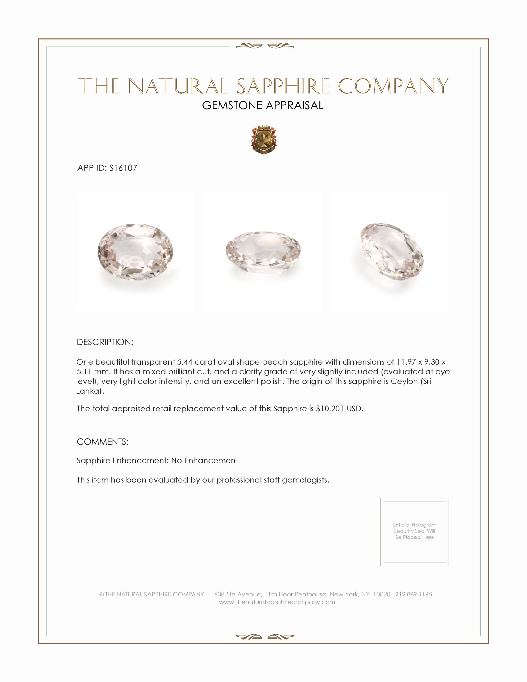 5.44 Ct. Peach Sapphire from Ceylon (Sri Lanka)