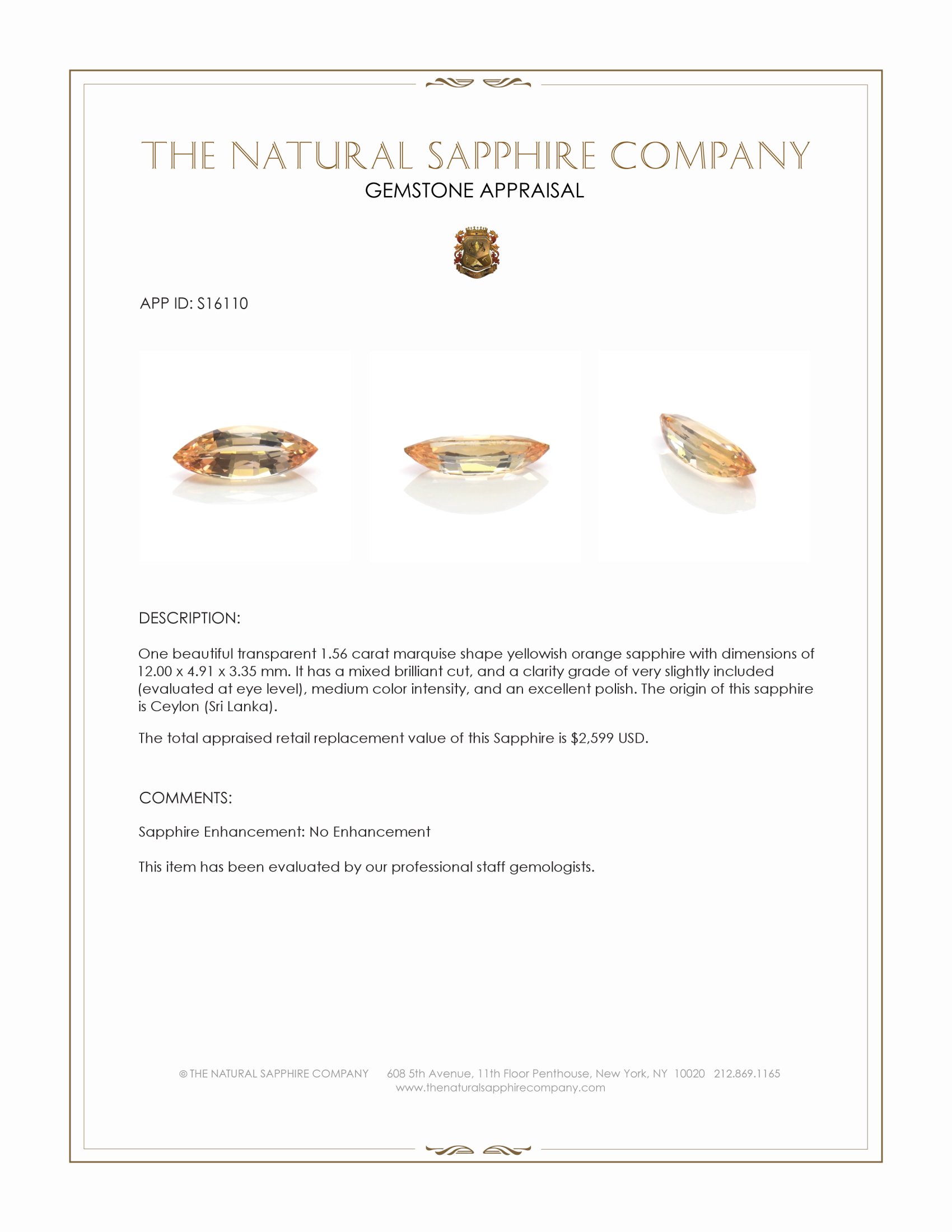 1.56 Ct. Yellowish Orange Sapphire from Ceylon (Sri Lanka)