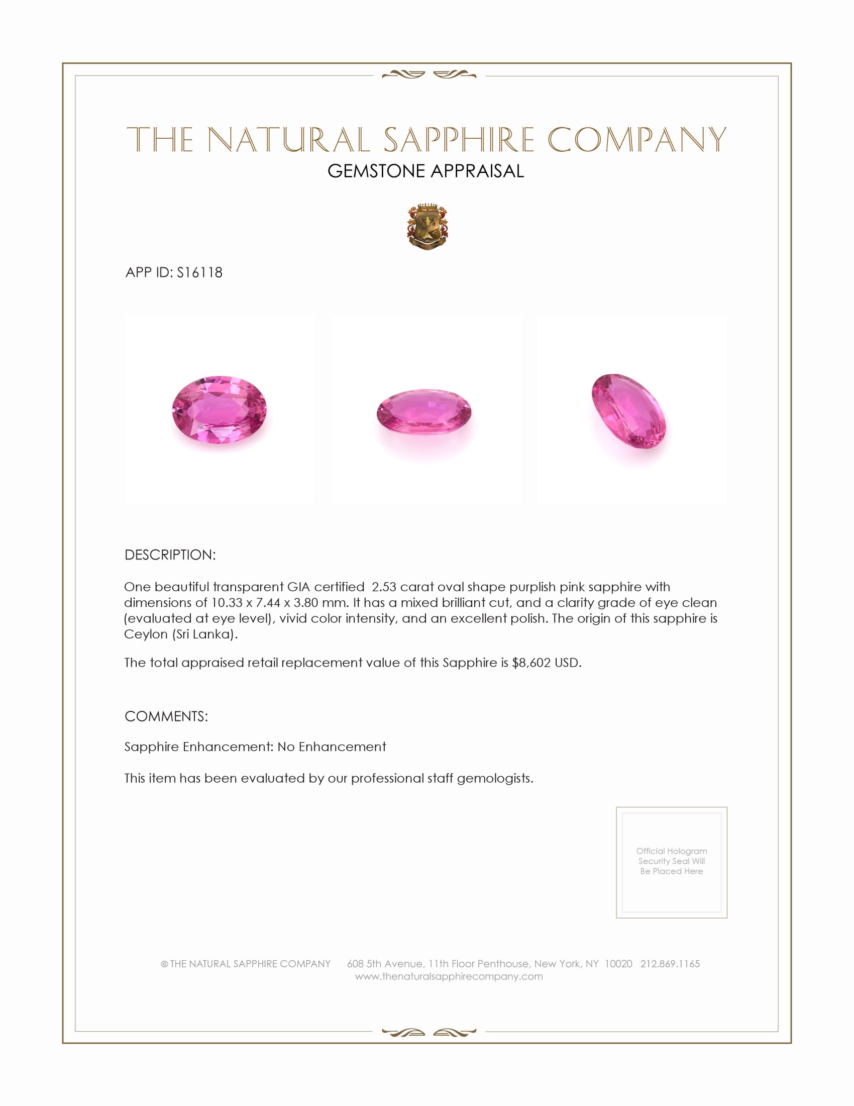2.53 Ct. Purplish Pink Sapphire from Ceylon (Sri Lanka)