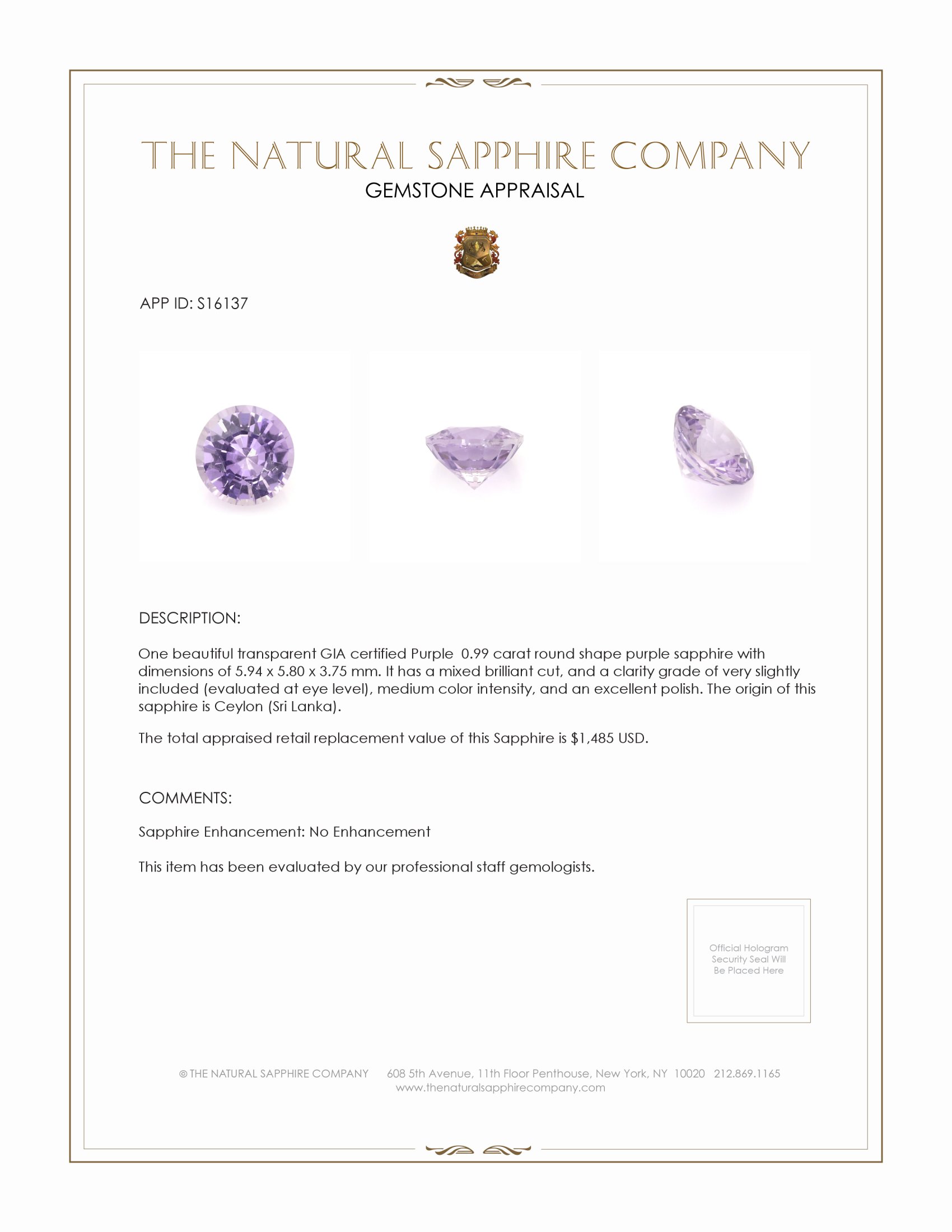 0.99 Ct. Purple Sapphire from Ceylon (Sri Lanka)