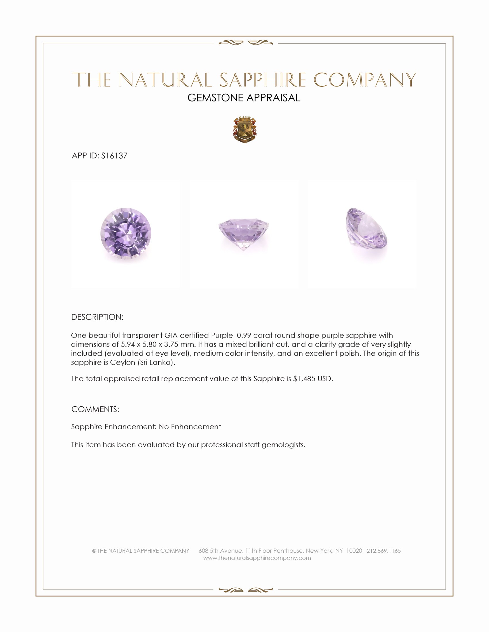 0.99 Ct. Purple Sapphire from Ceylon (Sri Lanka)