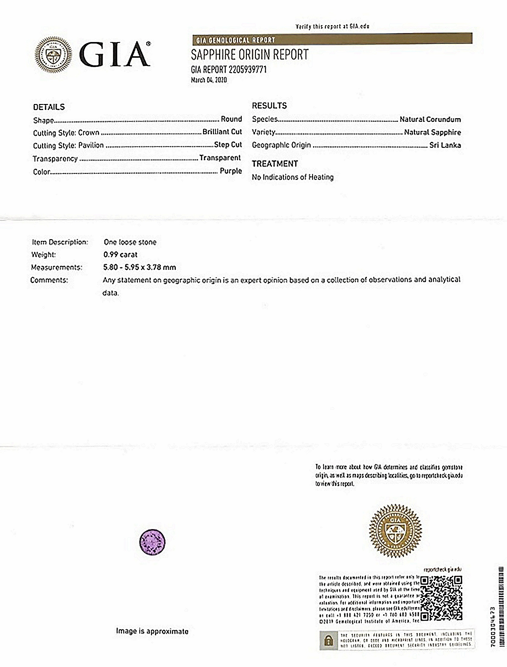 0.99 Ct. Purple Sapphire from Ceylon (Sri Lanka)