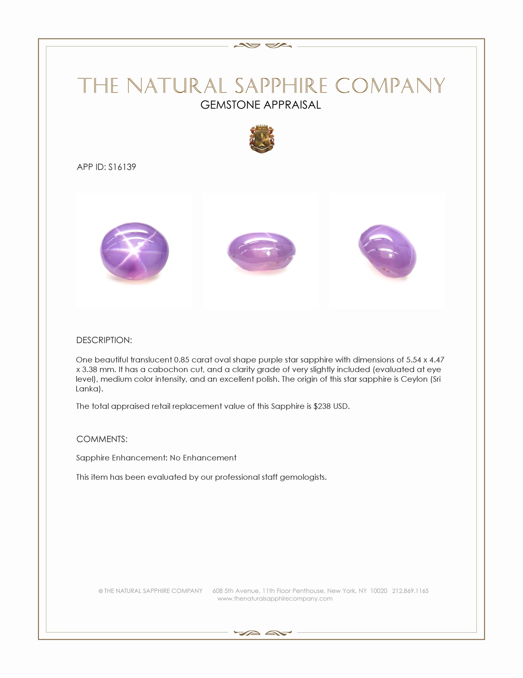 0.85 Ct. Purple Star Sapphire from Ceylon (Sri Lanka)