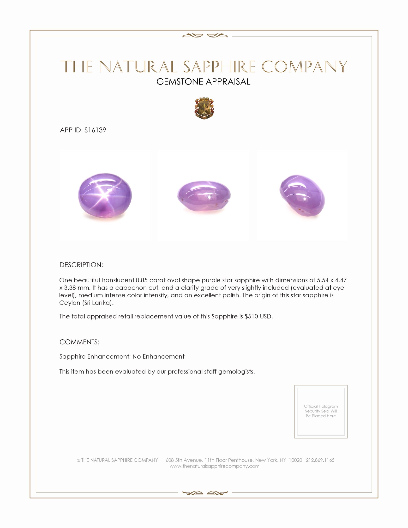 0.85 Ct. Purple Star Sapphire from Ceylon (Sri Lanka)