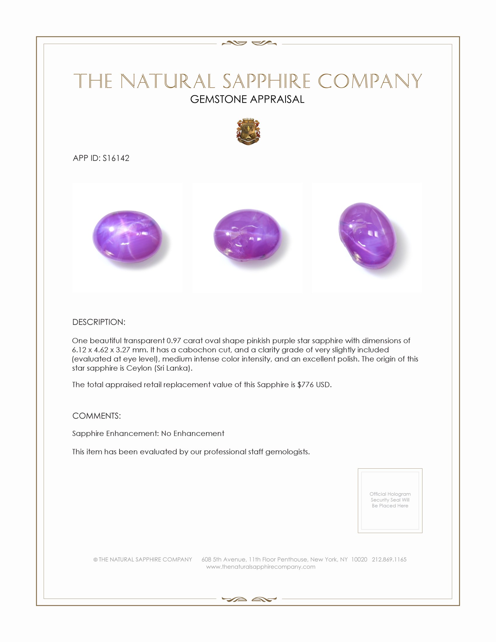 0.97 Ct. Pinkish Purple Star Sapphire from Ceylon (Sri Lanka)